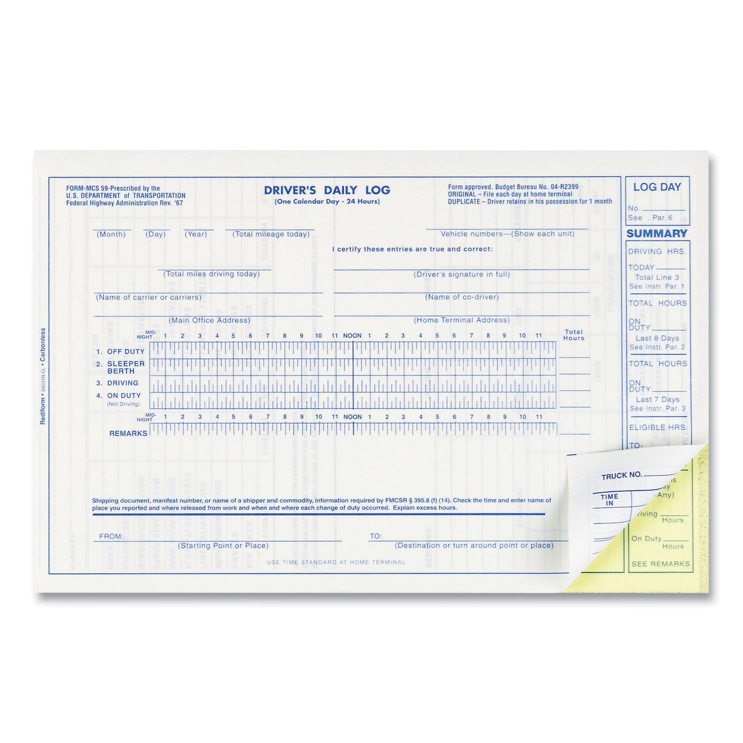 Rediform® Driver's Daily Log Book, Two-Part Carbonless, 8.75 x 5.38, 31 Forms Total