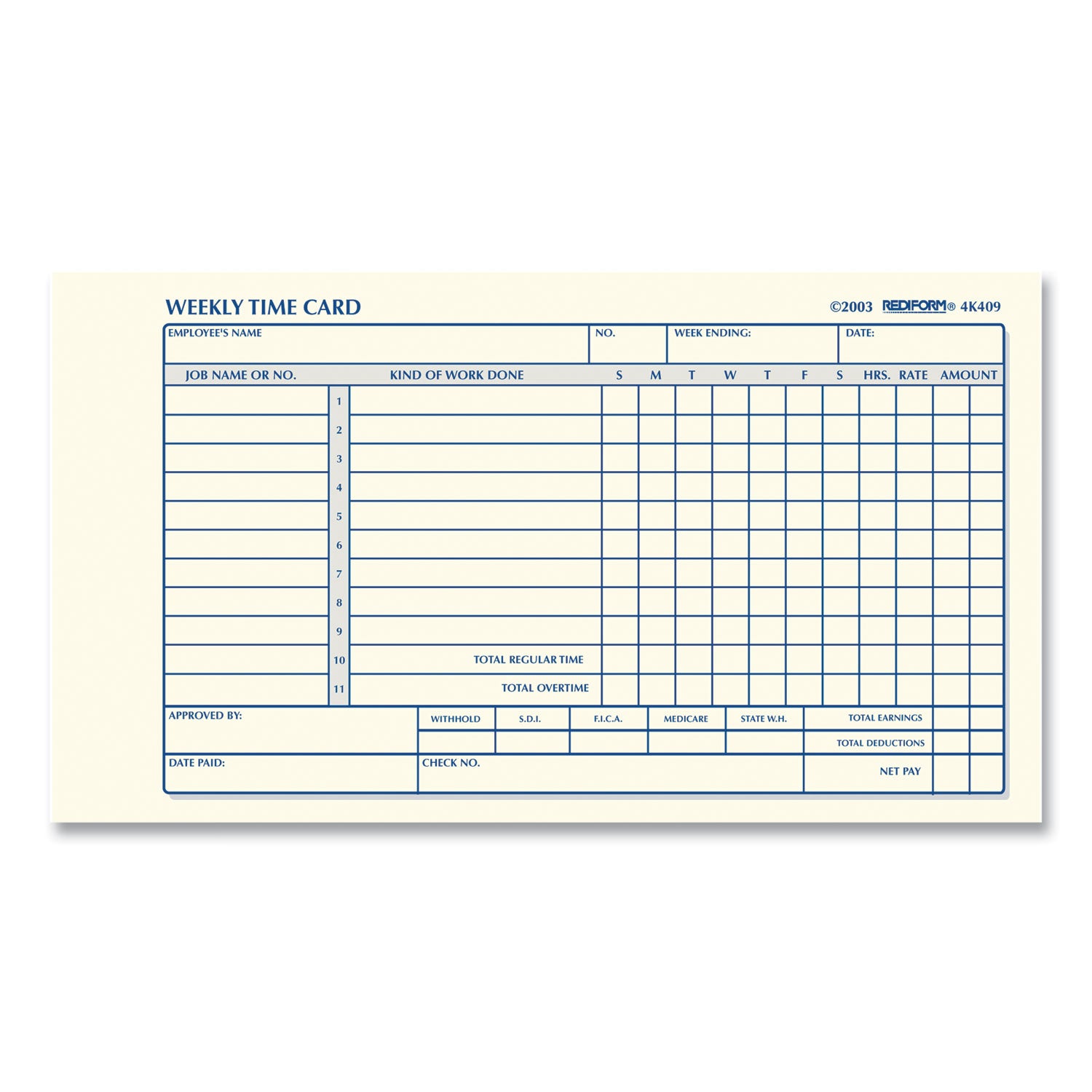 Rediform® Weekly Employee Time Cards, One Side, 4.25 X 7, 100/pad