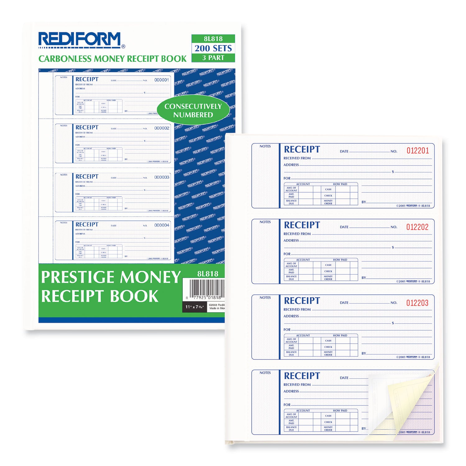 Rediform® Money Receipt Book, Hardcover, Three-Part Carbonless, 7 x 2.75, 4 Forms/Sheet, 200 Forms Total