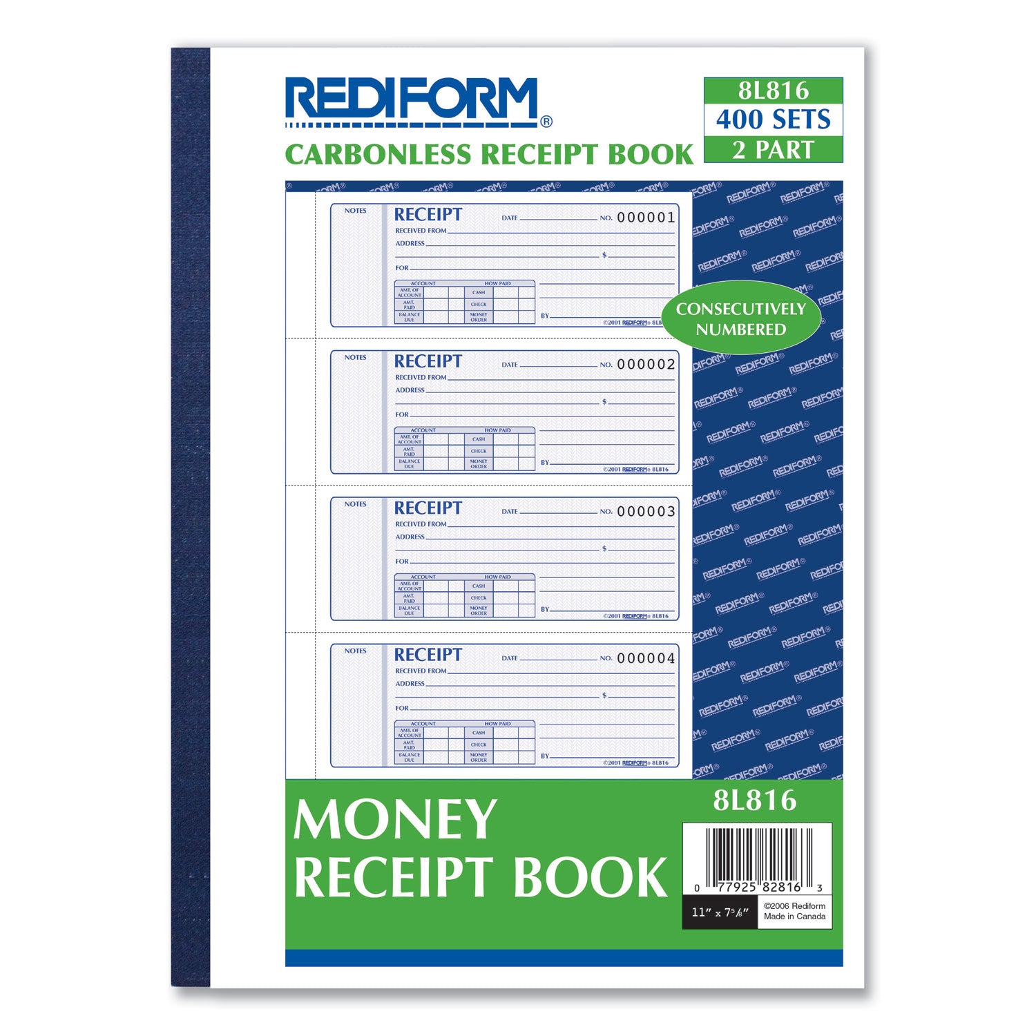 Rediform® Receipt Book, Two-Part Carbonless, 7 x 2.75, 4 Forms/Sheet, 400 Forms Total