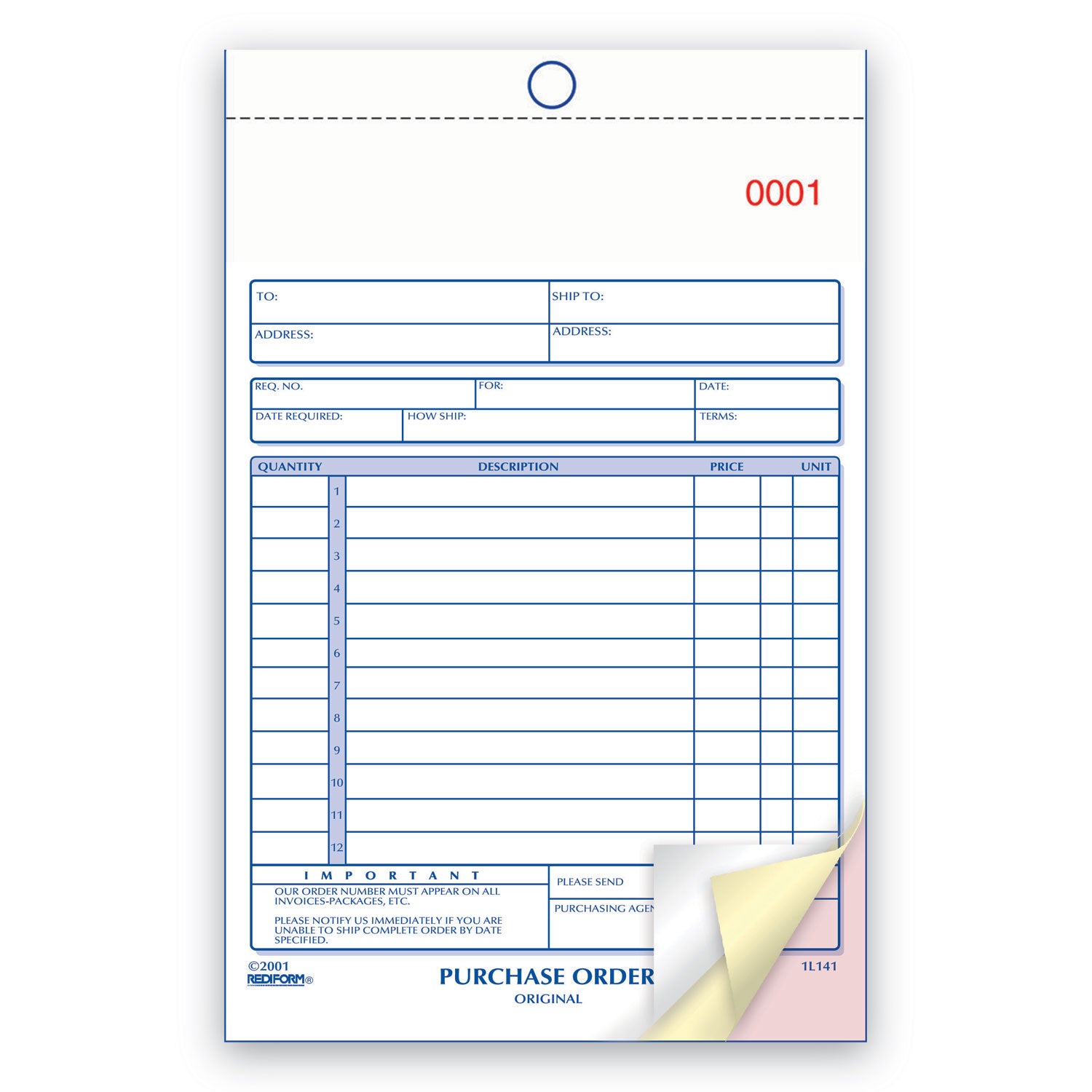Rediform® Purchase Order Book, 12 Lines, Three-Part Carbonless, 5.5 x 7.88, 50 Forms Total