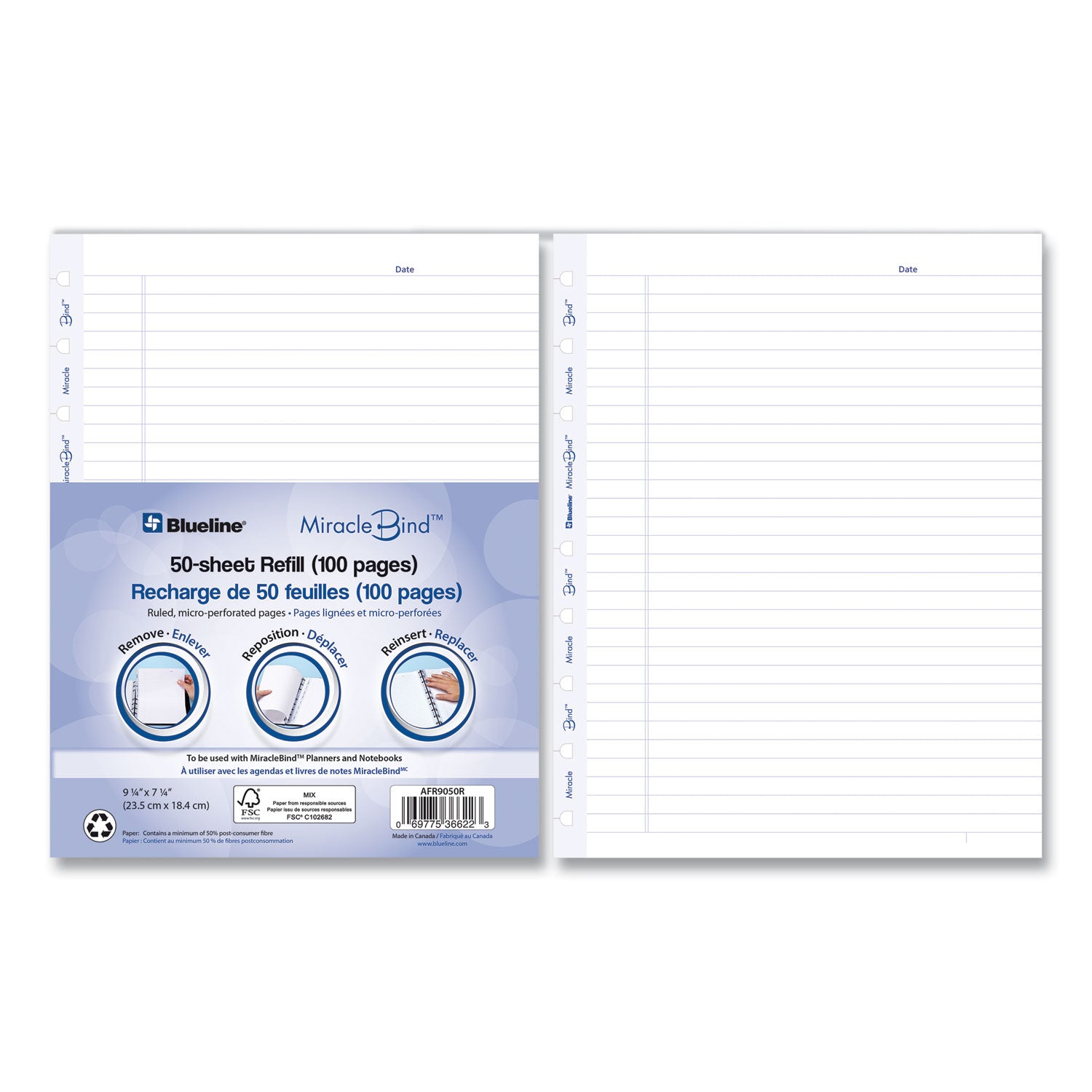 Blueline® Miraclebind Ruled Paper Refill Sheets For All Miraclebind Notebooks And Planners, 9.25 X 7.25, White/blue Sheets, Undated