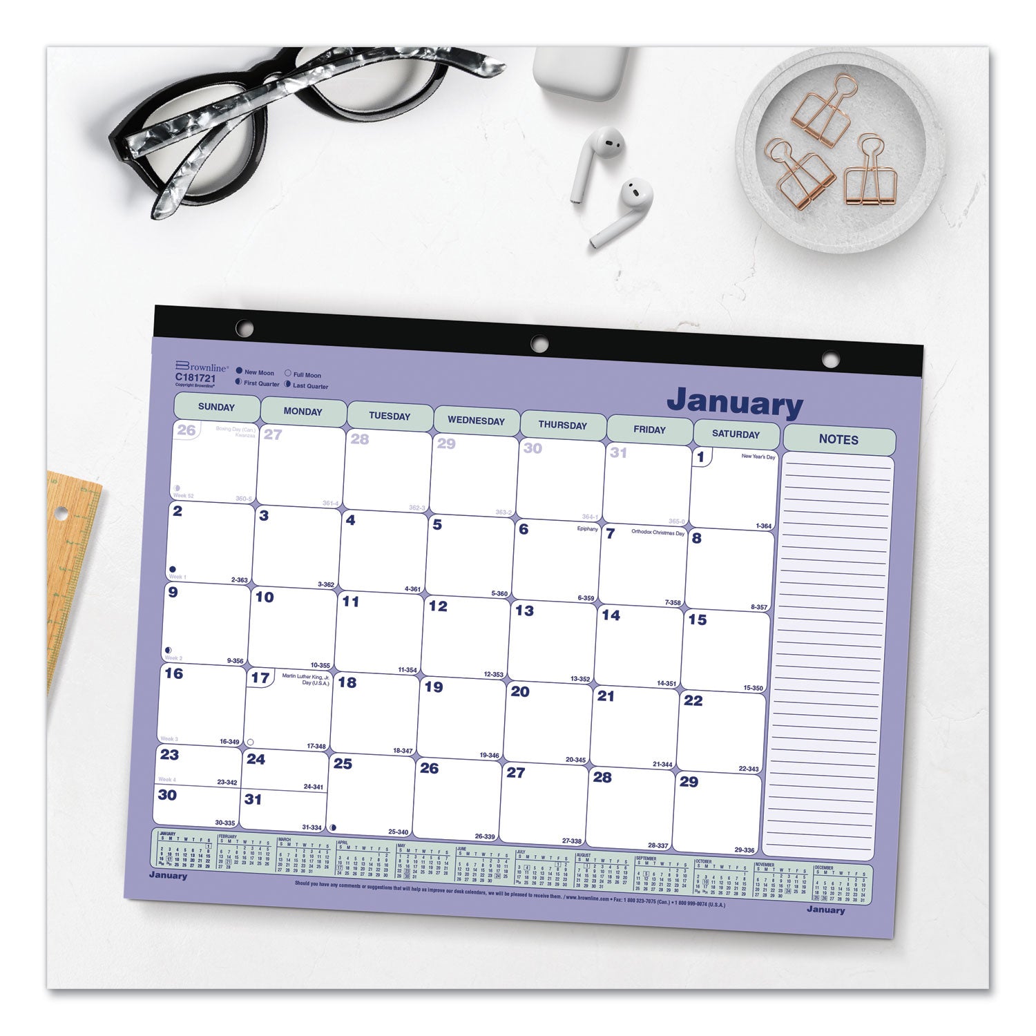 Brownline® Monthly Desk Pad Calendar, 3-Hole Punched, 11 x 8.5, White/Blue/Green Sheets, Black Binding, 12-Month (Jan to Dec): 2025
