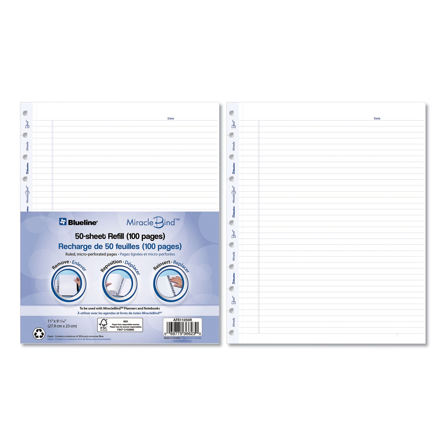 Blueline® Miraclebind Ruled Paper Refill Sheets For All Miraclebind Notebooks And Planners, 11 X 9.06, White/blue Sheets, Undated