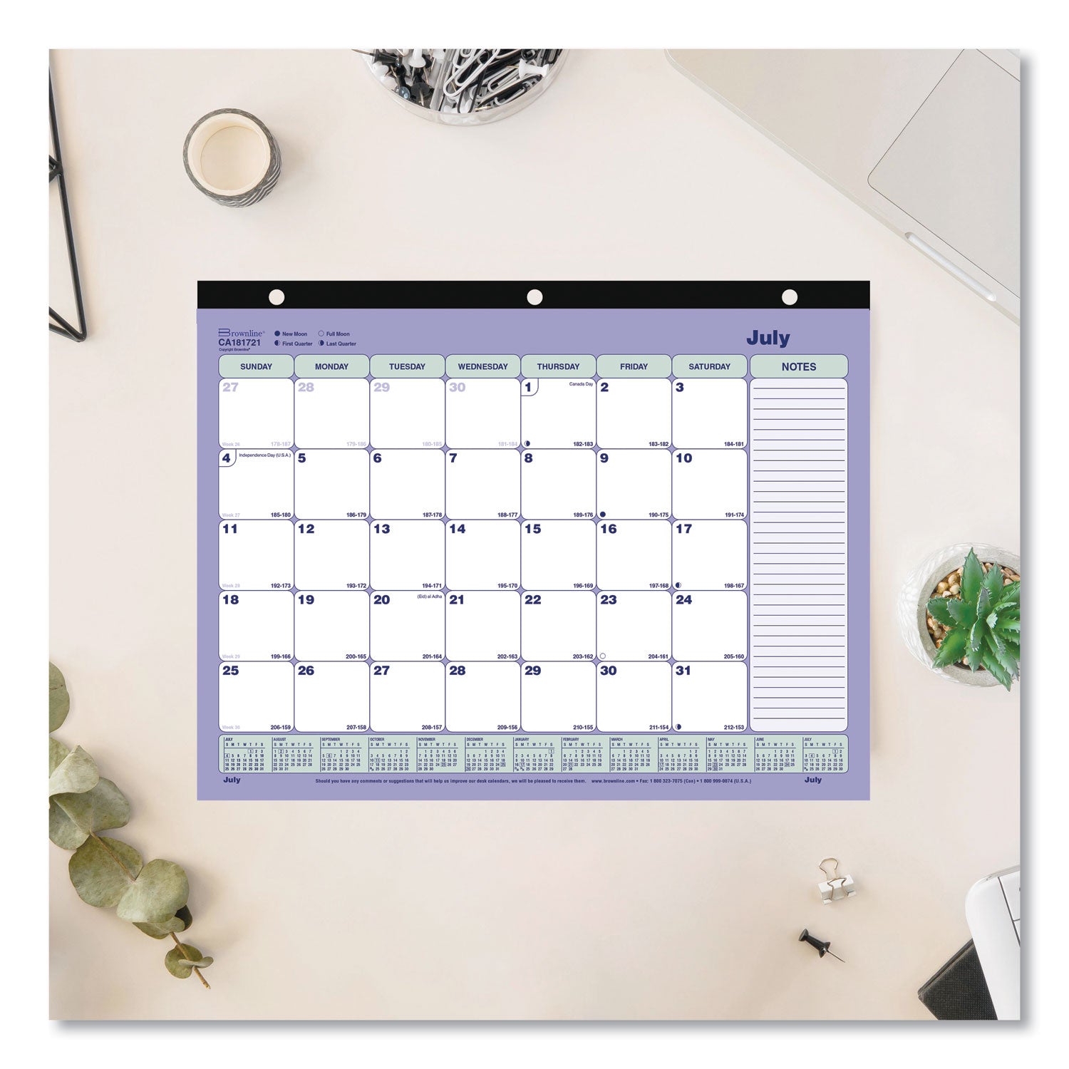 Brownline® Academic 13-Month Binder-Insertable Desk Pad Calendar, 11 x 8.5, White/Blue/Green Sheets, 13-Month (July to July): 2024-2025