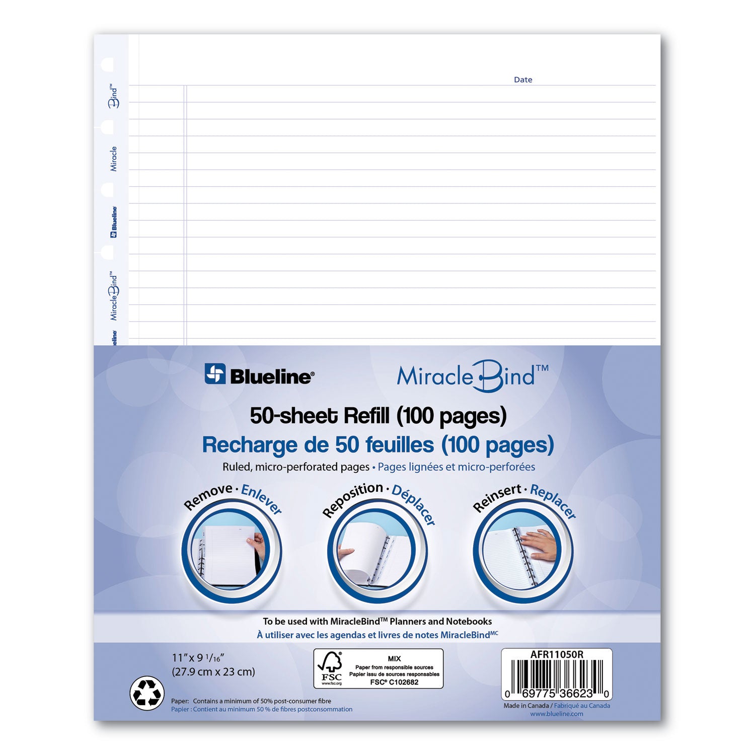 MiracleBind Ruled Paper Refill Sheets for all MiracleBind Notebooks and Planners, 11 x 9.06, White/Blue Sheets, Undated