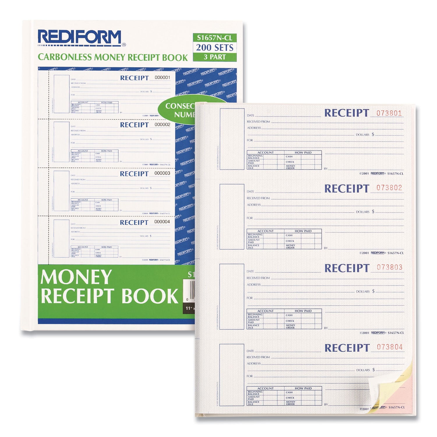 Rediform® Durable Hardcover Numbered Money Receipt Book, Three-Part Carbonless, 6.88 x 2.75, 4 Forms/Sheet, 200 Forms Total