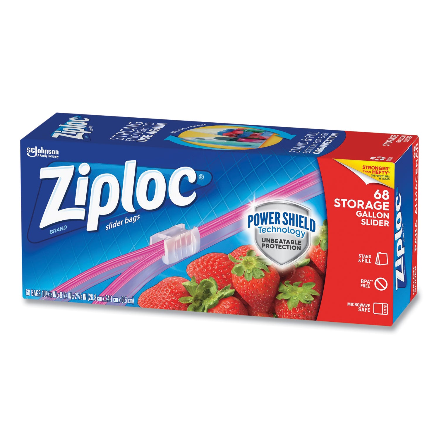 Ziploc® Slider Storage Bags, Gallon, 9.5" x 2.63" x 10.56", Clear, 9/Carton