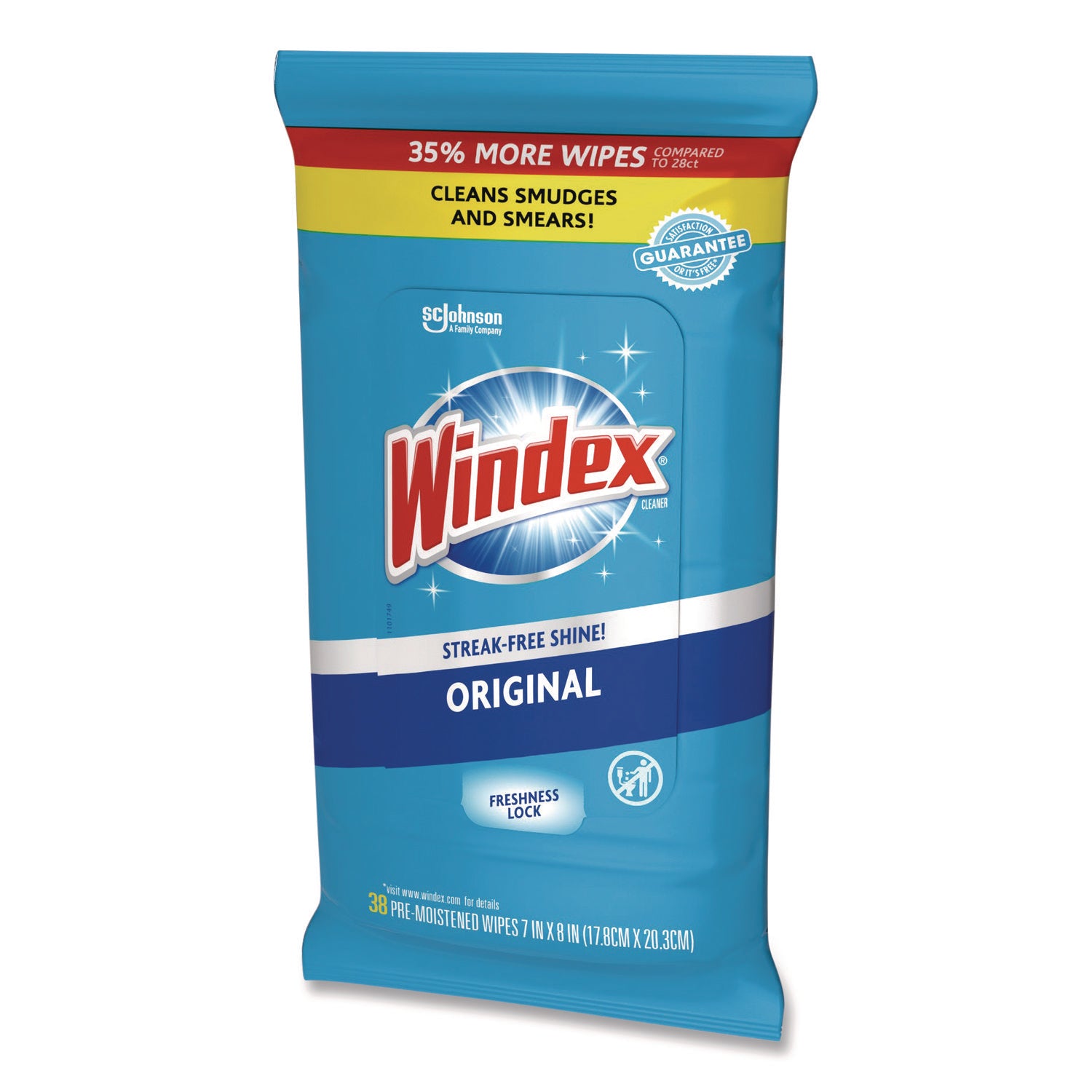 Windex® Glass and Surface Wet Wipe, Cloth, 7 x 8, Unscented, White, 38/Pack