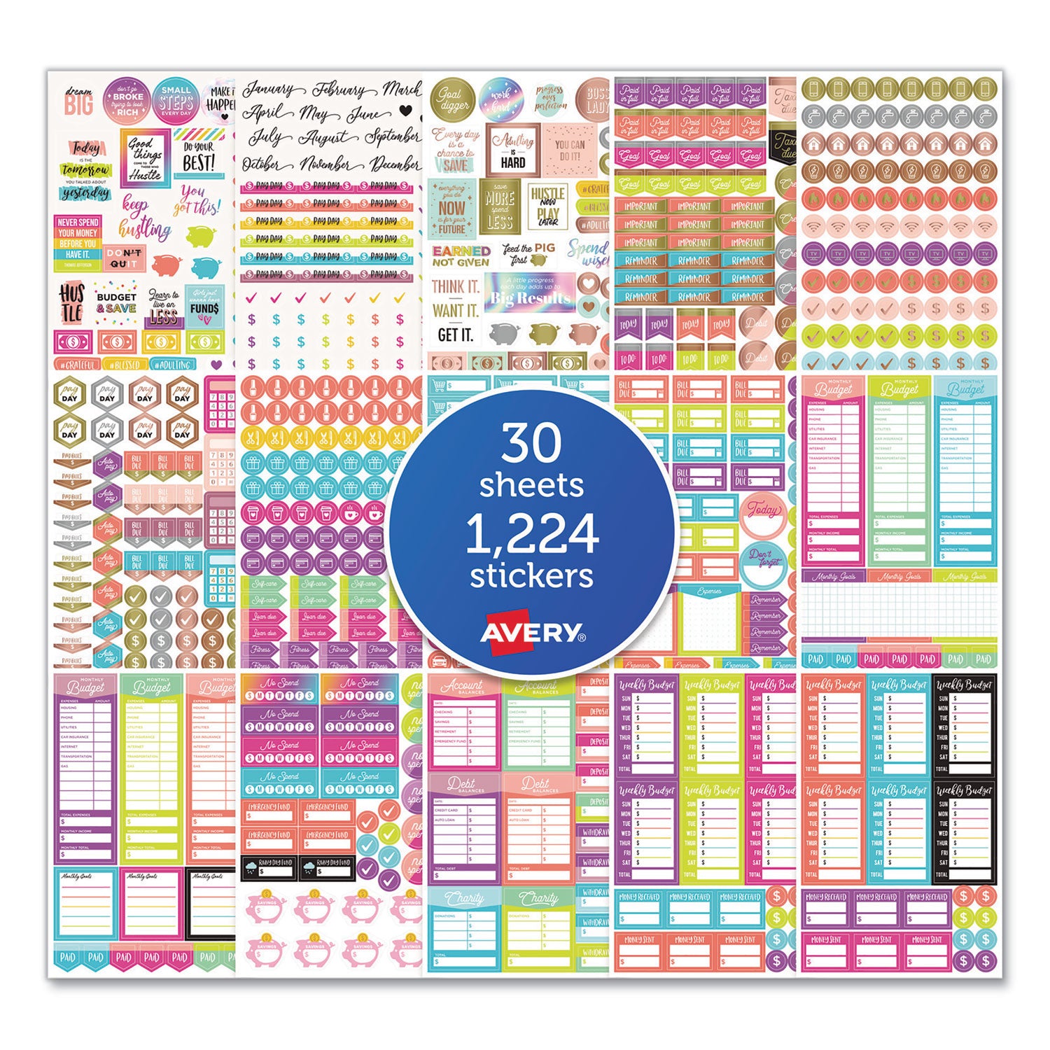 Budgeting Planner Stickers, Budget Theme, Assorted Colors, 1,224/Pack