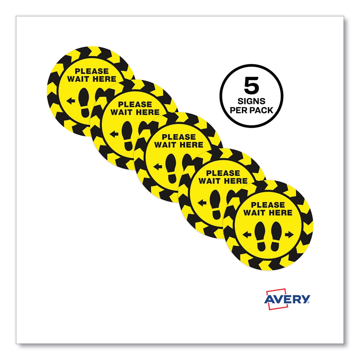 Avery® Social Distancing Floor Decals, 10.5" Dia, Please Wait Here, Yellow/black Face, Black Graphics, 5/pack