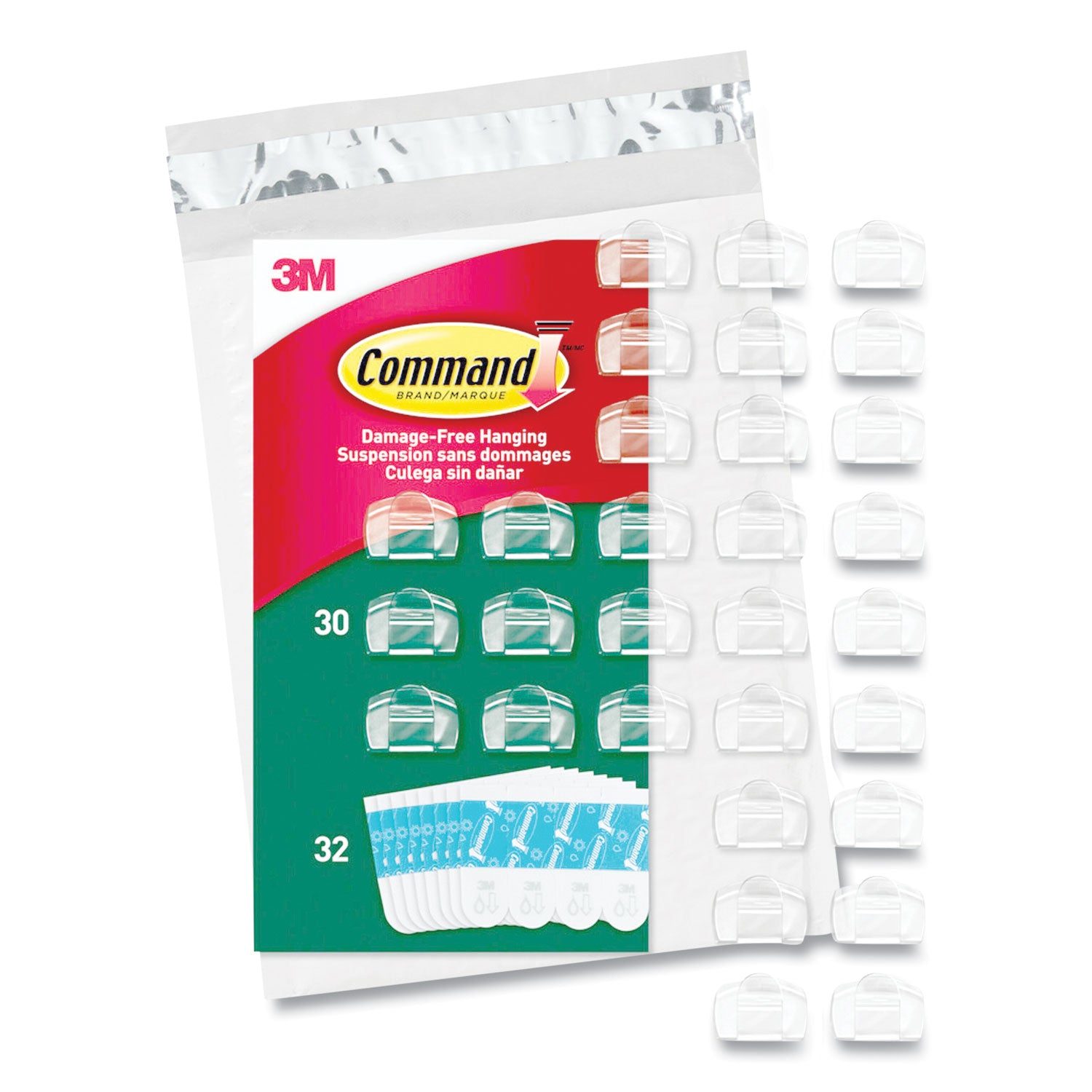 Command™ all weather hooks and strips, small, plastic, clear, 0.5 lb capacity, 30 clips and 32 strips/pack