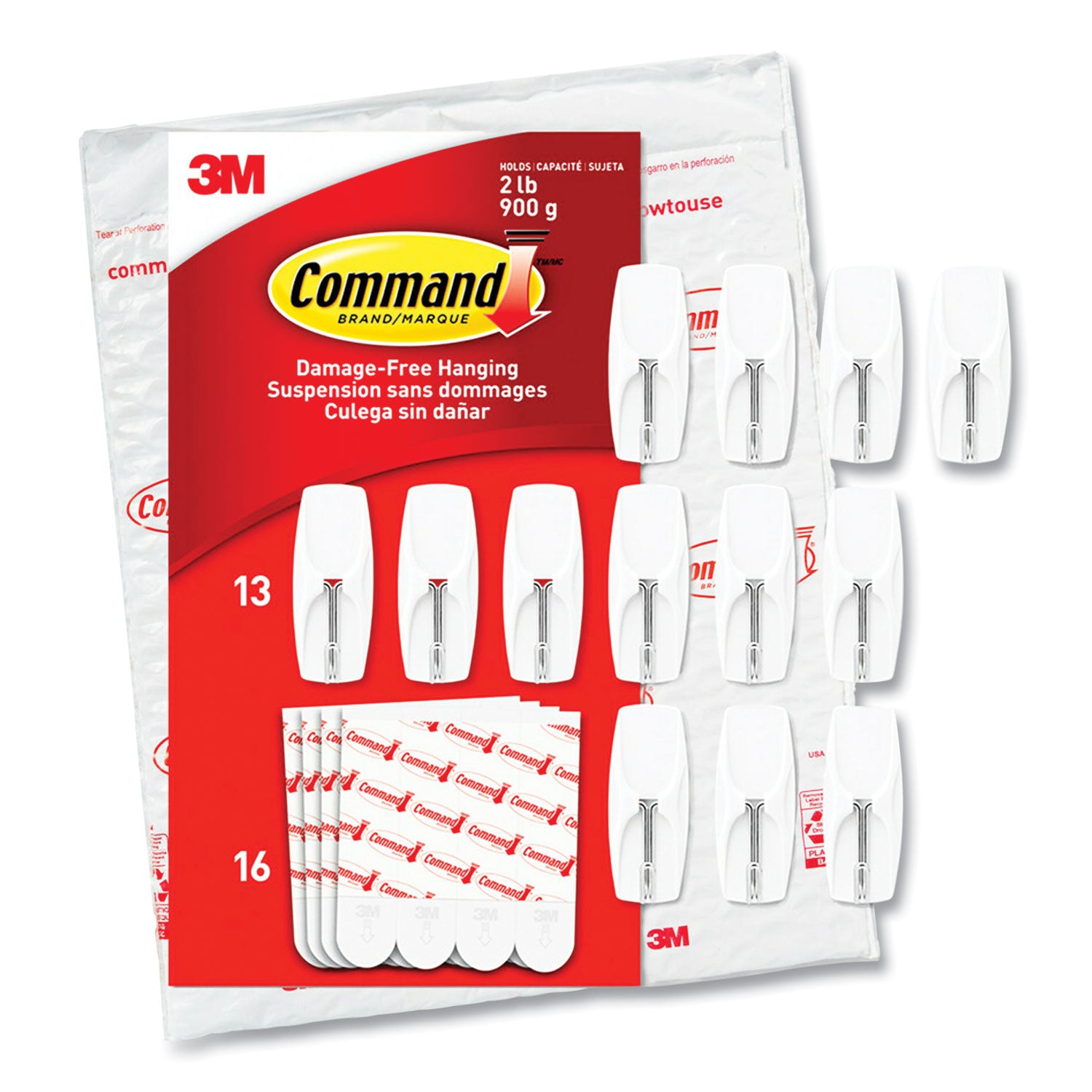 Command™ General Purpose Wire Hooks, Medium, Metal, White, 2 lb Capacity, 13 Hooks and 16 Strips/Pack