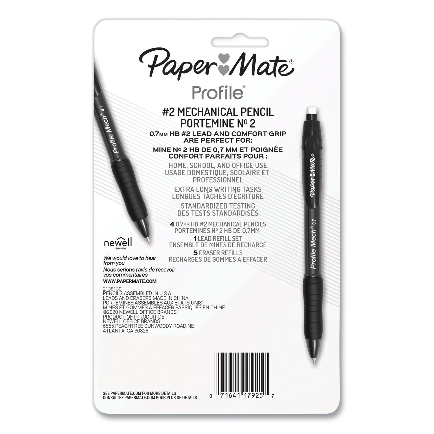Paper Mate® Profile Mechanical Pencils, 0.7 Mm, Hb (#2), Black Lead, Assorted Barrel Colors, 4/pack