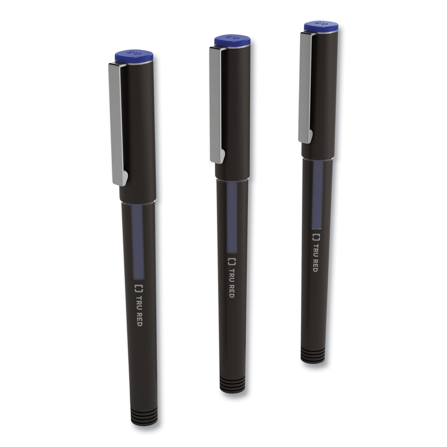 TRU RED™ Rollerball Pen, Stick, Fine 0.5 mm, Blue Ink, Black/Blue/Clear Barrel, 3/Pack