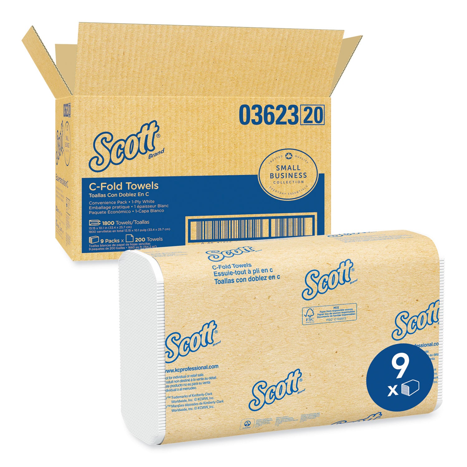 Scott® Essential C-Fold Towels for Business, Convenience Pack, 1-Ply, 10.13 x 13.15, White, 200/Pack, 9 Packs/Carton