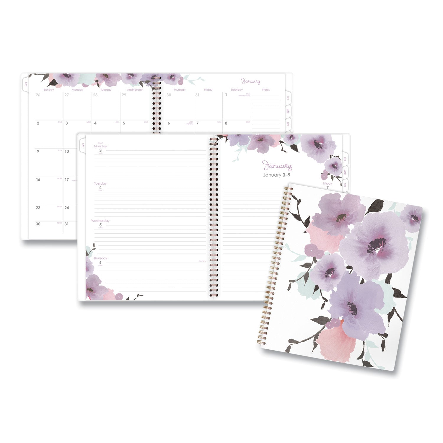 Mina Weekly/Monthly Planner, Floral Artwork, 11 x 8.5, White/Violet/Peach Cover, 12-Month (Jan to Dec): 2025