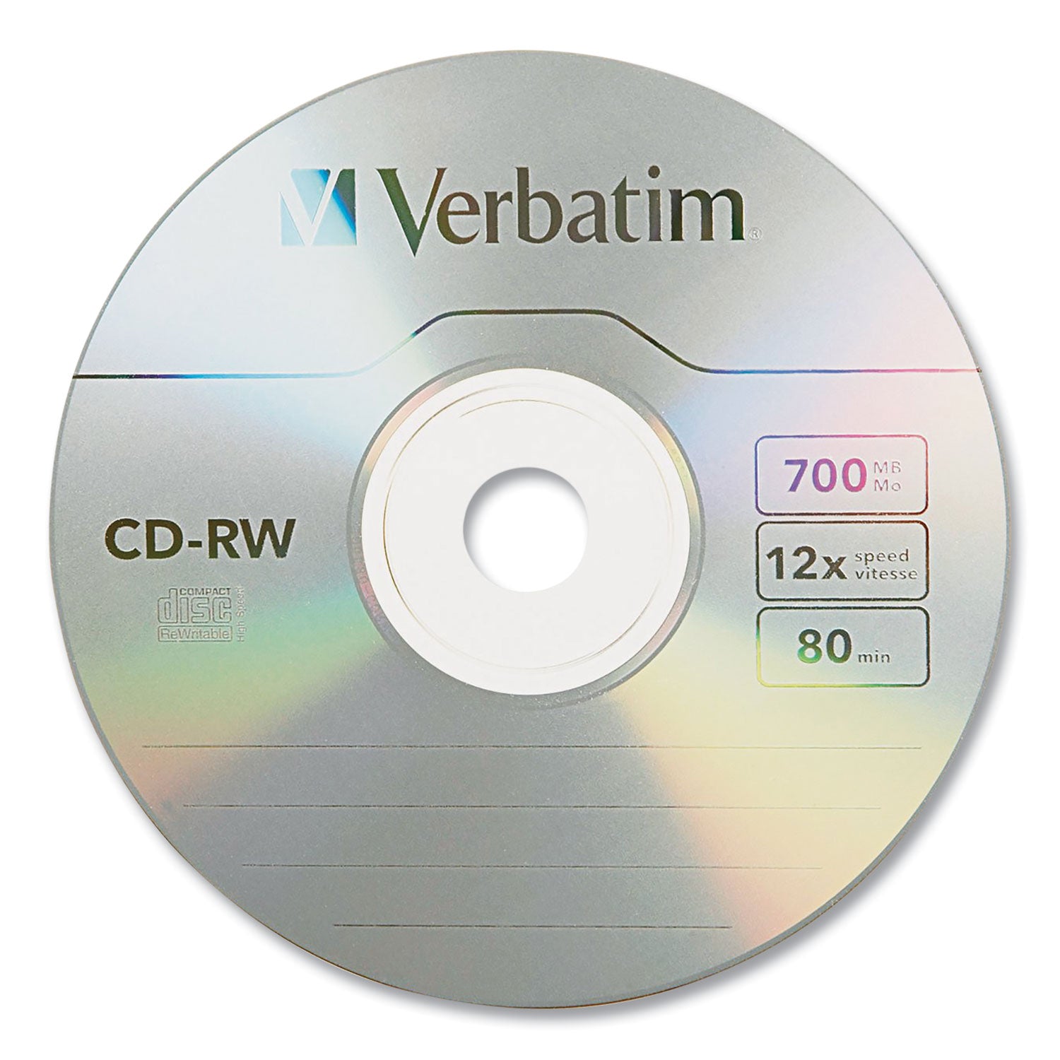 Verbatim® CD-RW High-Speed Rewritable Disc, 700 MB/80 min, 12x, Slim Jewel Case, Silver, 10/Pack