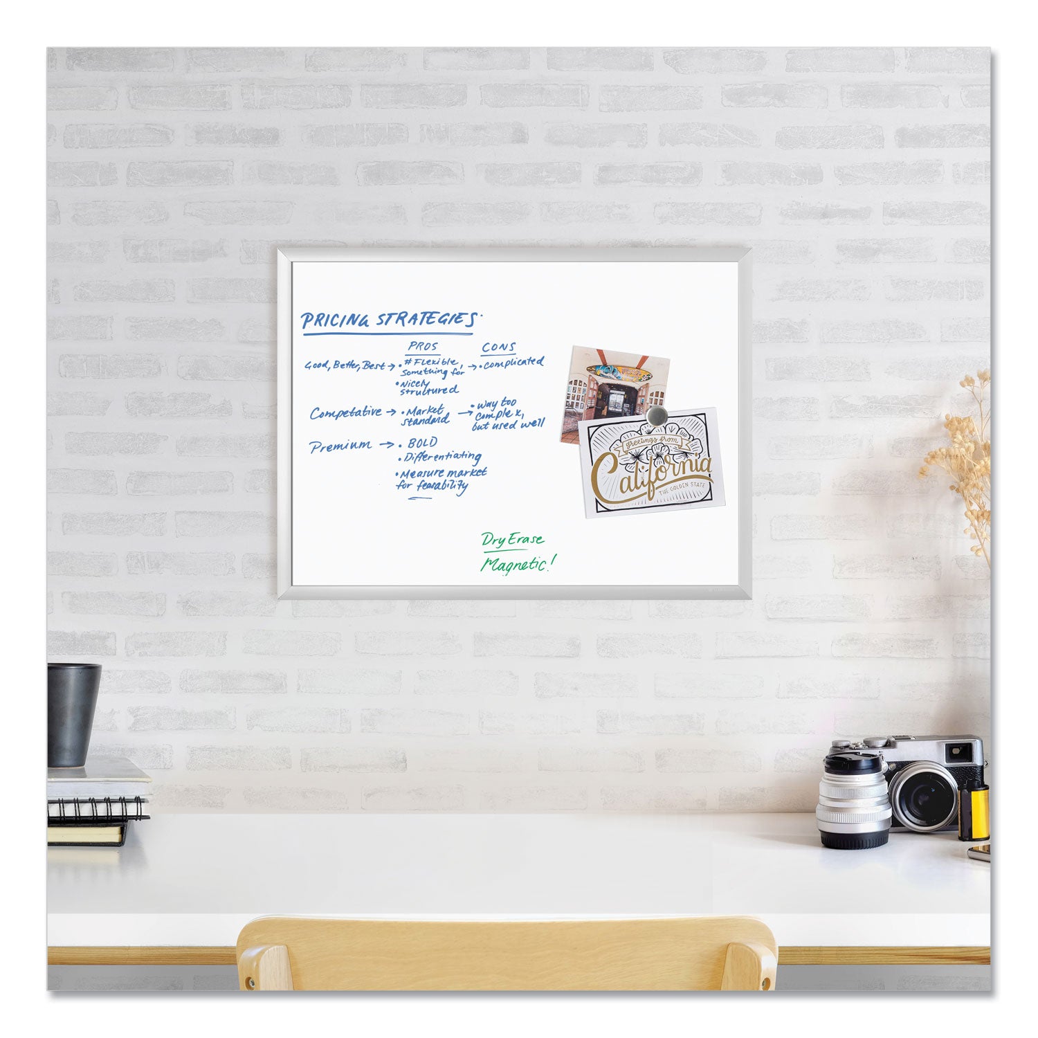 U Brands Magnetic Dry Erase Board with Aluminum Frame, 24" x 18" (Actual Size: 23" x 17"), White Surface, Satin Aluminum Frame