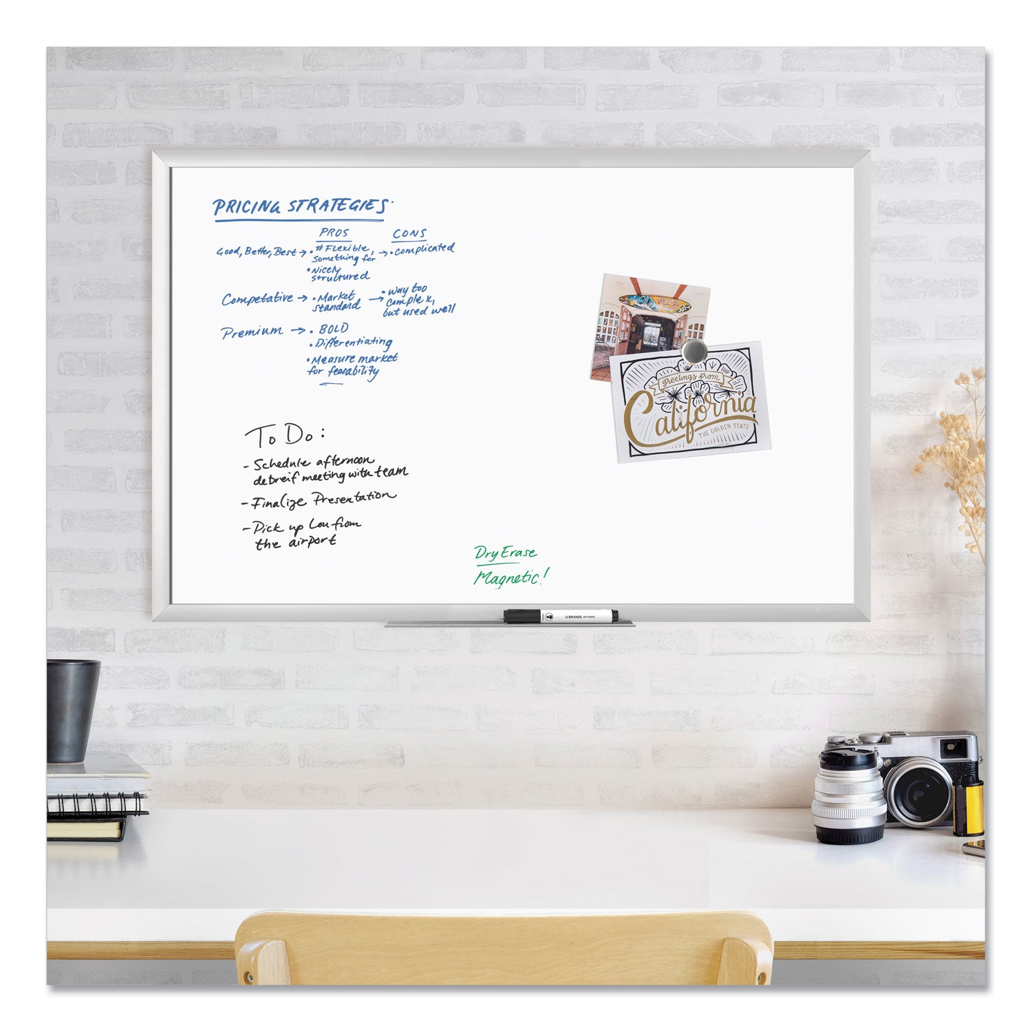 U Brands Magnetic Dry Erase Board with Aluminum Frame, 36" x 24" (Actual Size: 35" x 23"), White Surface, Satin Aluminum Frame