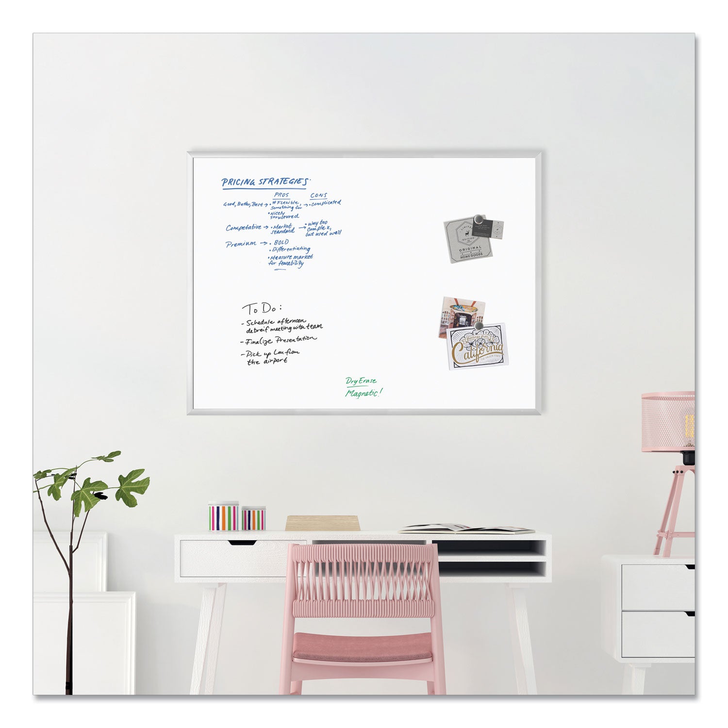 U Brands Magnetic Dry Erase Board with Aluminum Frame, 48" x 36" (Actual Size: 47" x 35"), White Surface, Satin Aluminum Frame