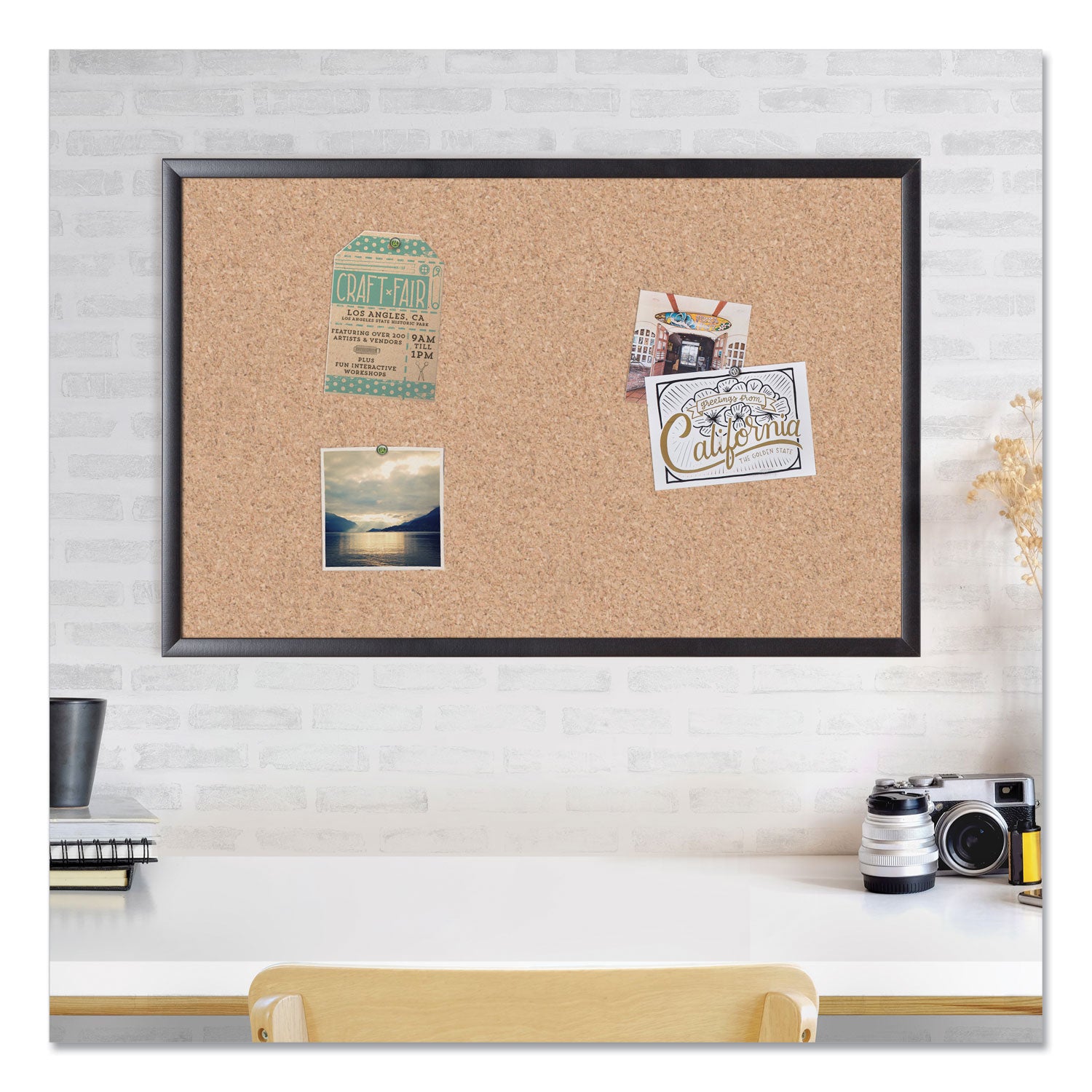 U Brands Cork Bulletin Board, 36" x 24" (Actual Size: 35" x 23"), Tan Surface, Black Wood Frame