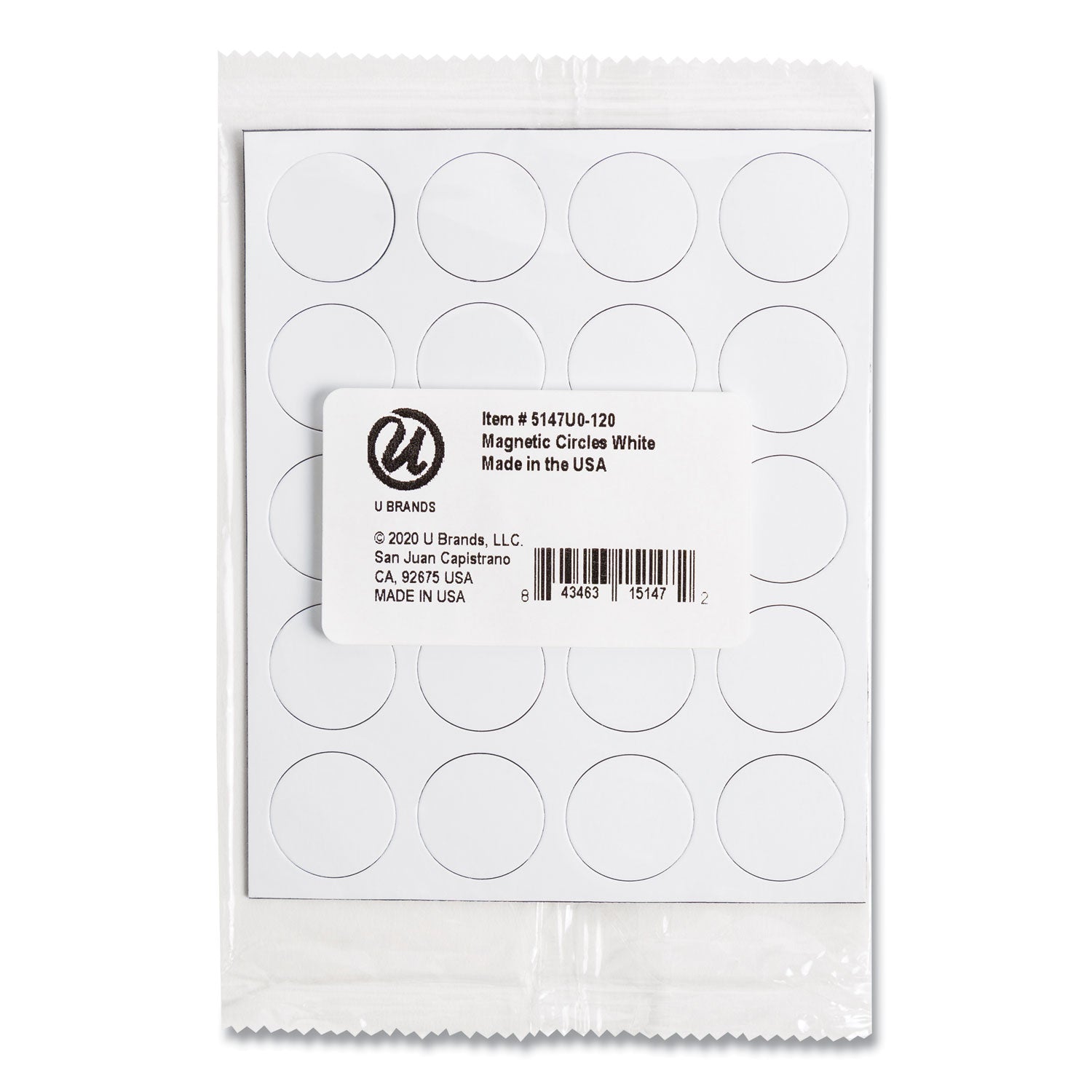 U Brands Heavy-Duty Board Magnets, Circles, White, 0.75" Diameter, 20/Pack