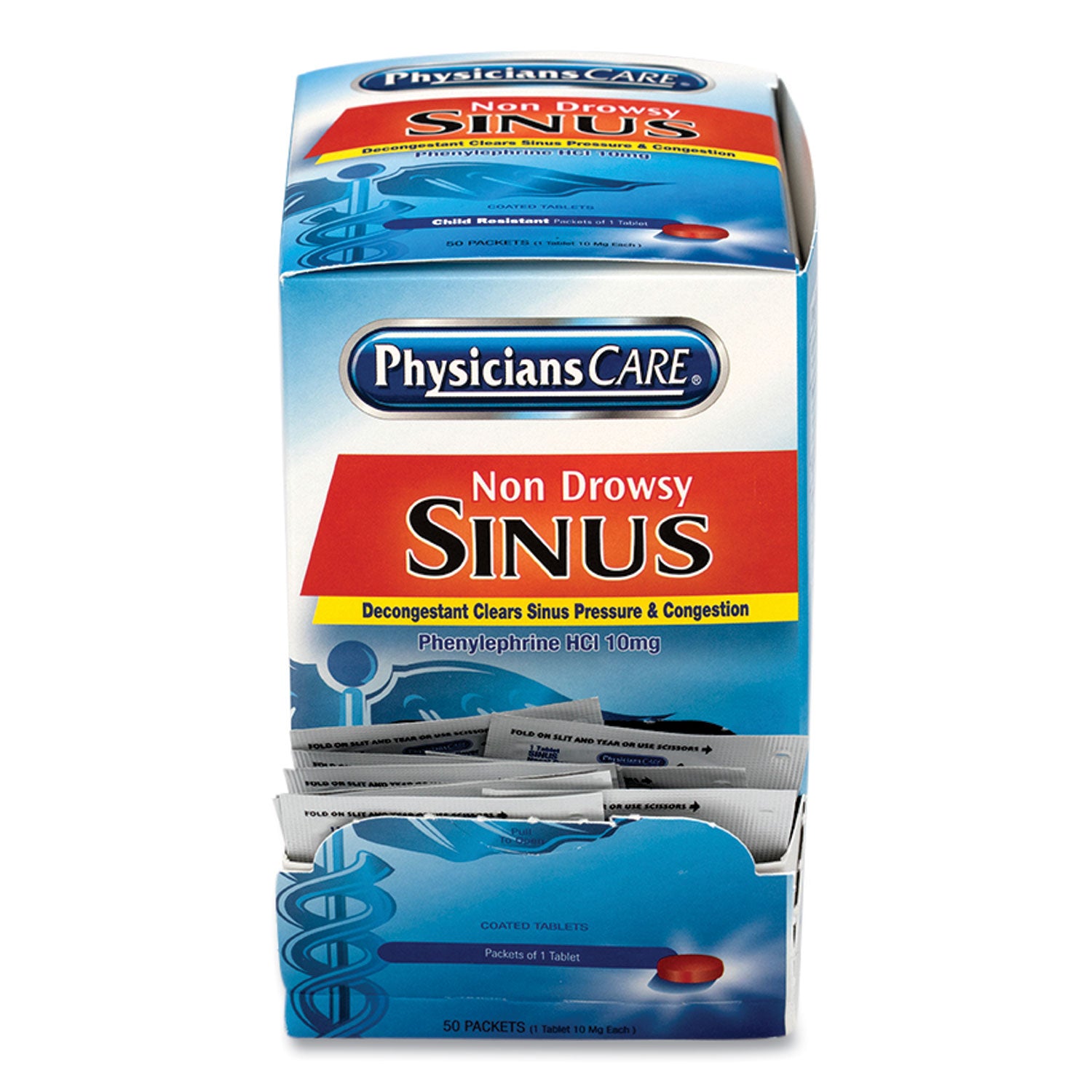 PhysiciansCare® Sinus Decongestant Congestion Medication, One Tablet/Pack, 50 Packs/Box