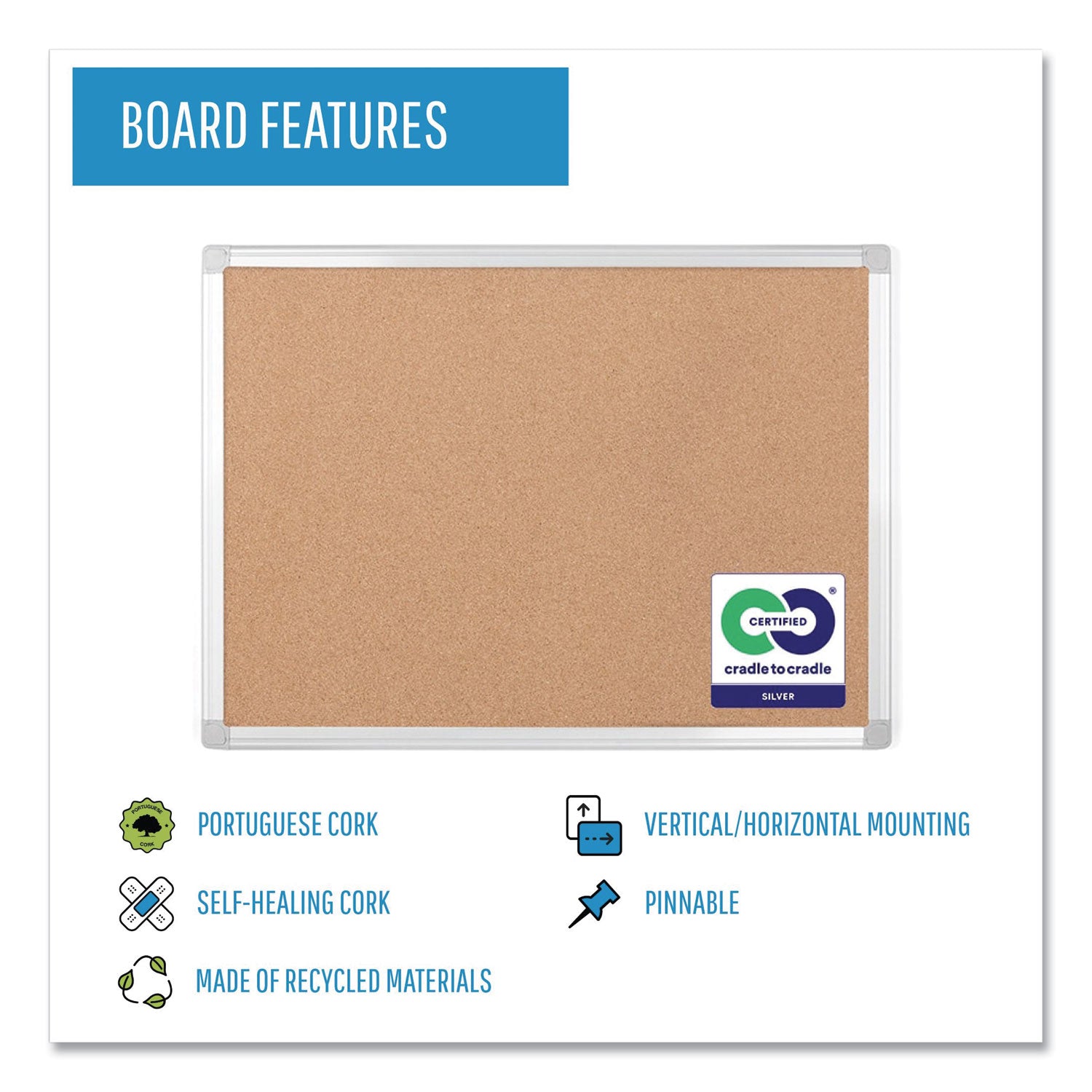 MasterVision® Earth Cork Board, 36" x 24", Tan Surface, Satin Aluminum Frame