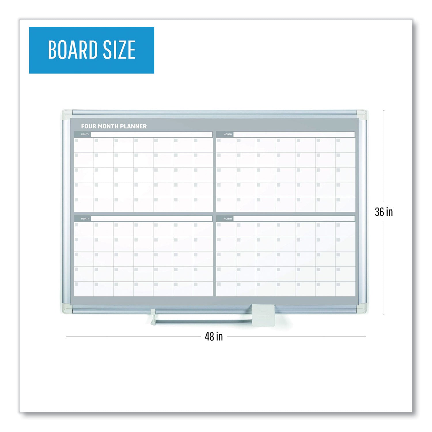 MasterVision® Magnetic Dry Erase Calendar Board, Four-Month Planning/Scheduling, 48" x 36", White Surface, Satin Aluminum Frame