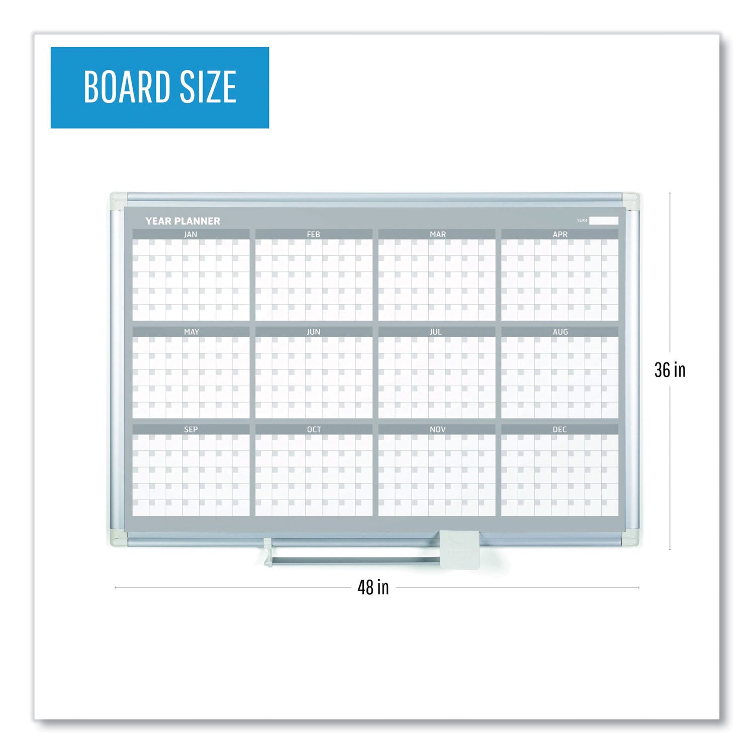 MasterVision® Magnetic Dry Erase Calendar Board, 12-Month Planning/Scheduling, 48" x 36", White Surface, Satin Aluminum Frame