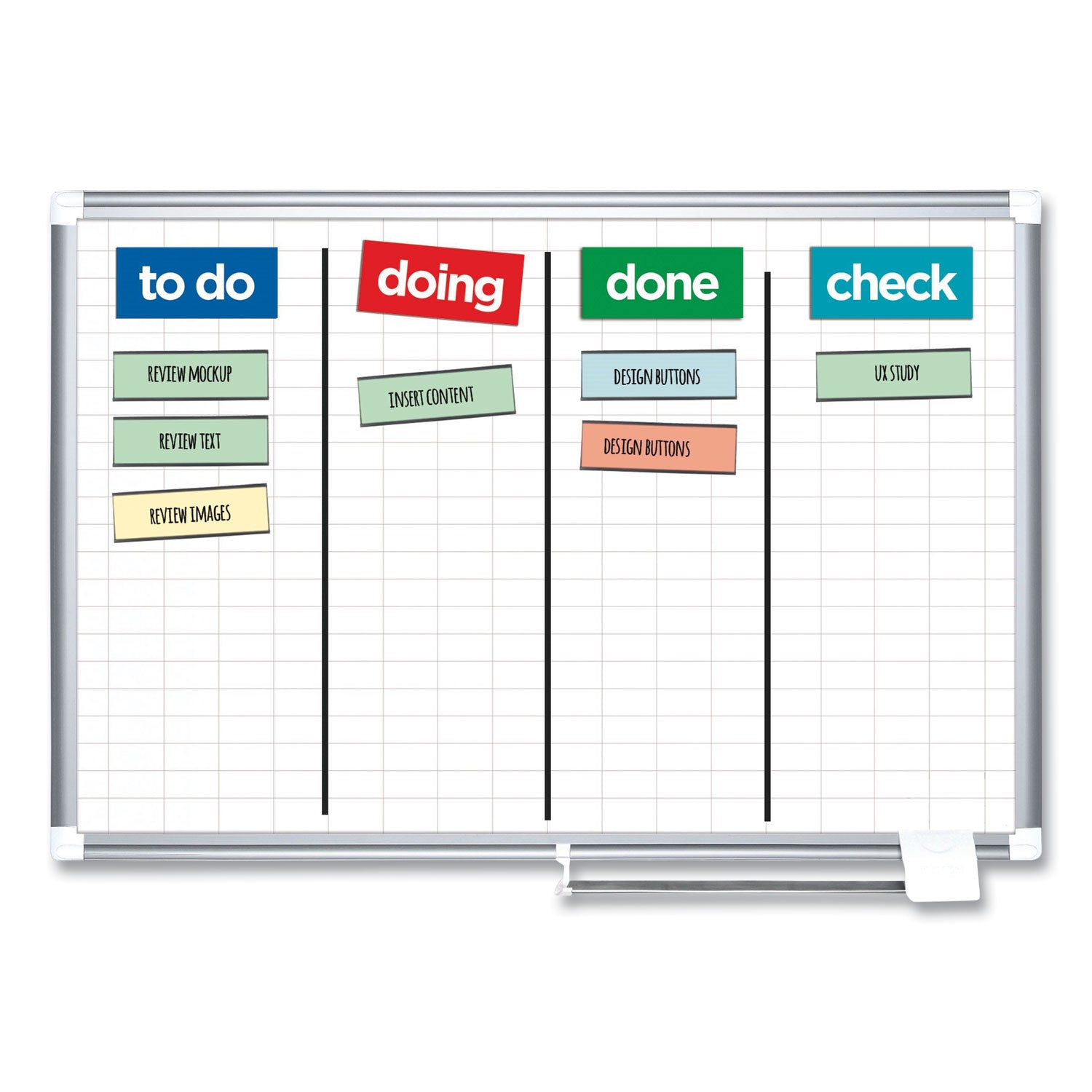 MasterVision® Gridded Magnetic Steel Dry Erase Project Planning Board, 1" x 2" Cells, 72" x 48", White Surface, Satin Aluminum Frame