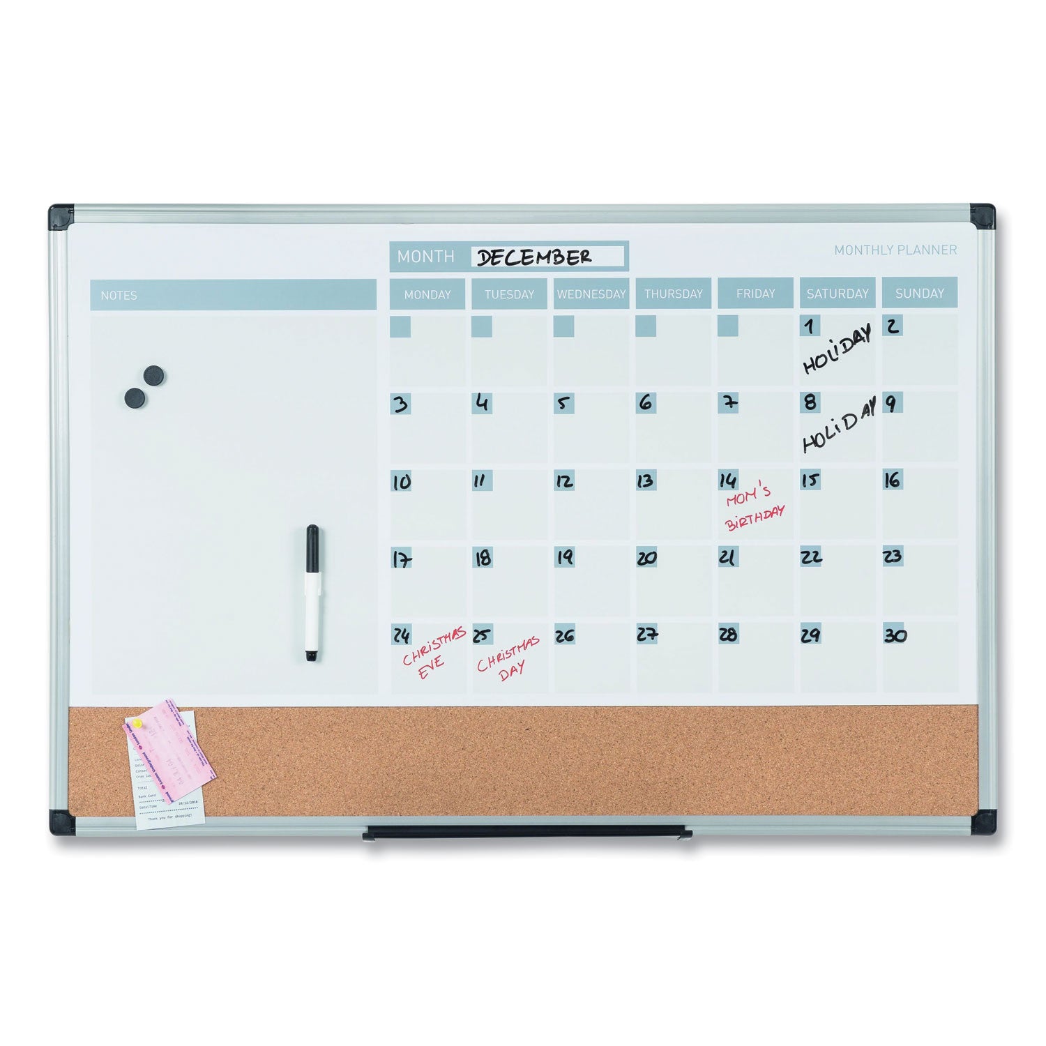 MasterVision® 3-in-1 Planner Board, Monthly Planning/Scheduling Calendar, 24" x 18", Tan/White/Blue Surface, Satin Aluminum Frame