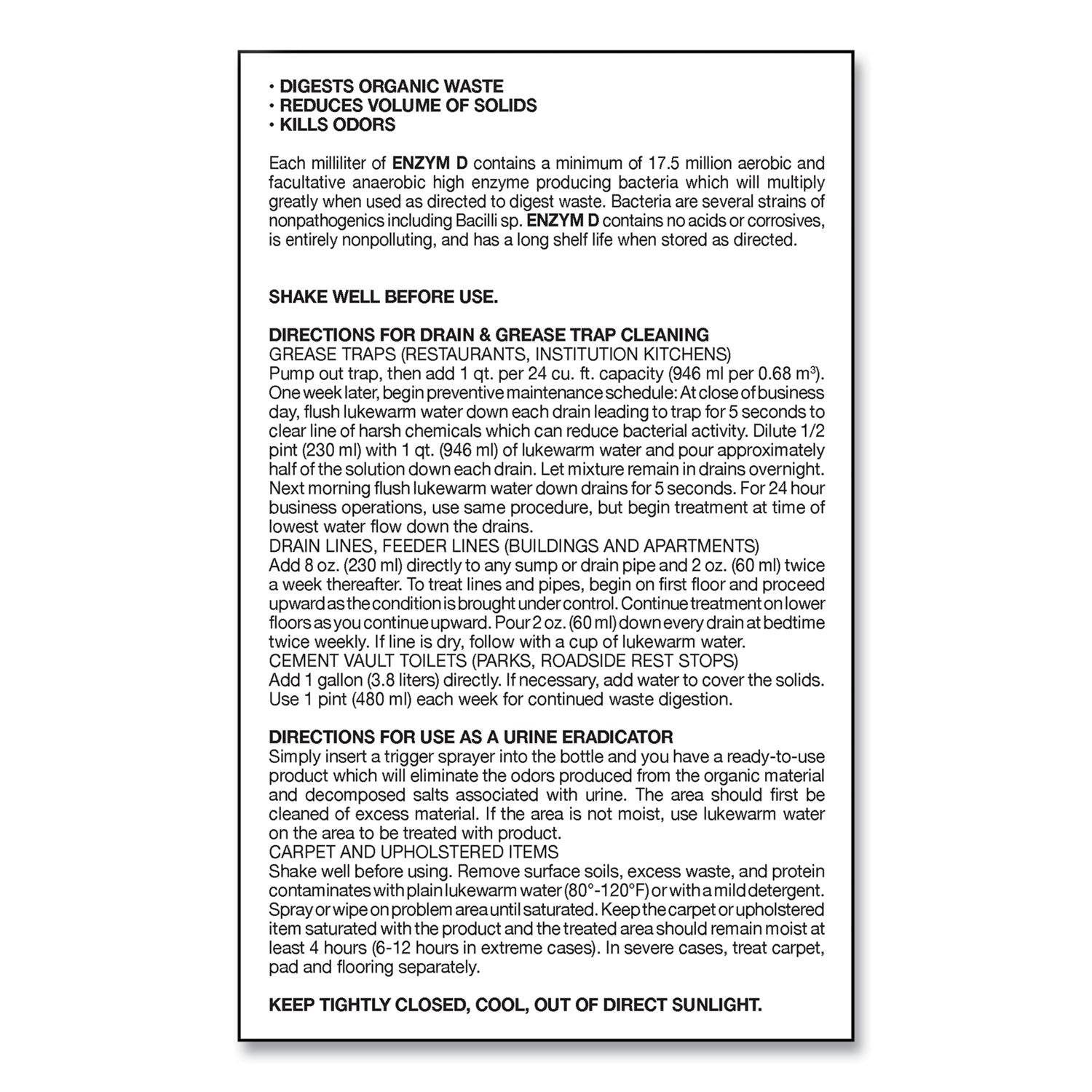 Big D Industries Enzym D Digester Liquid Deodorant, Lemon, 32 Oz Bottle, 12/carton