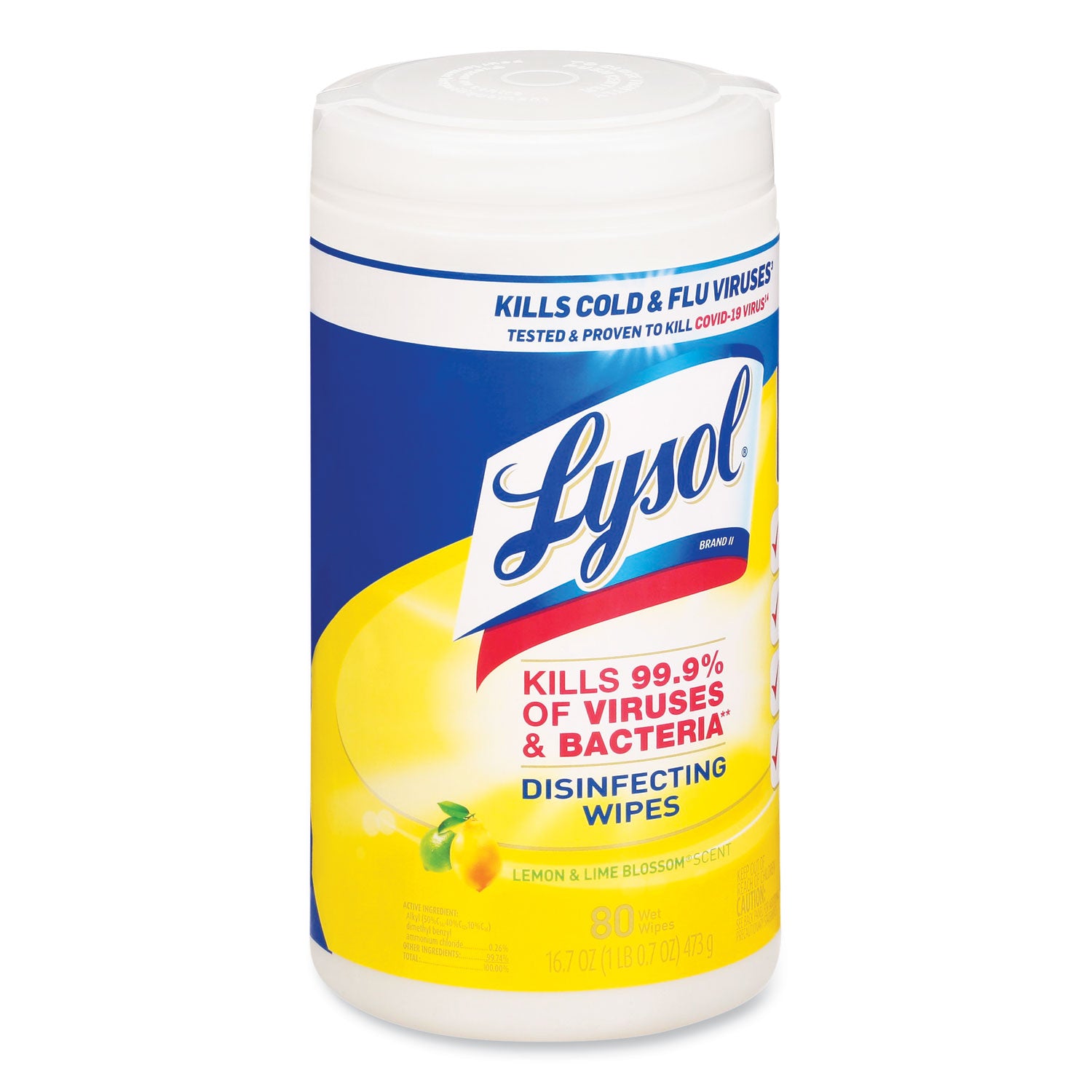 LYSOL® Brand Disinfecting Wipes, 1-Ply, 7 x 7.25, Lemon and Lime Blossom, White, 80 Wipes/Canister, 6 Canisters/Carton