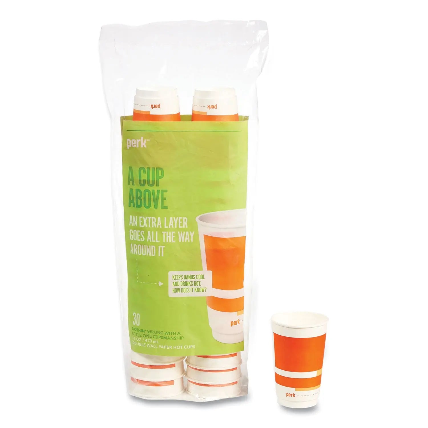 Insulated Paper Hot Cups, 16 oz, White/Orange, 30/Pack Perk™ Flipcost