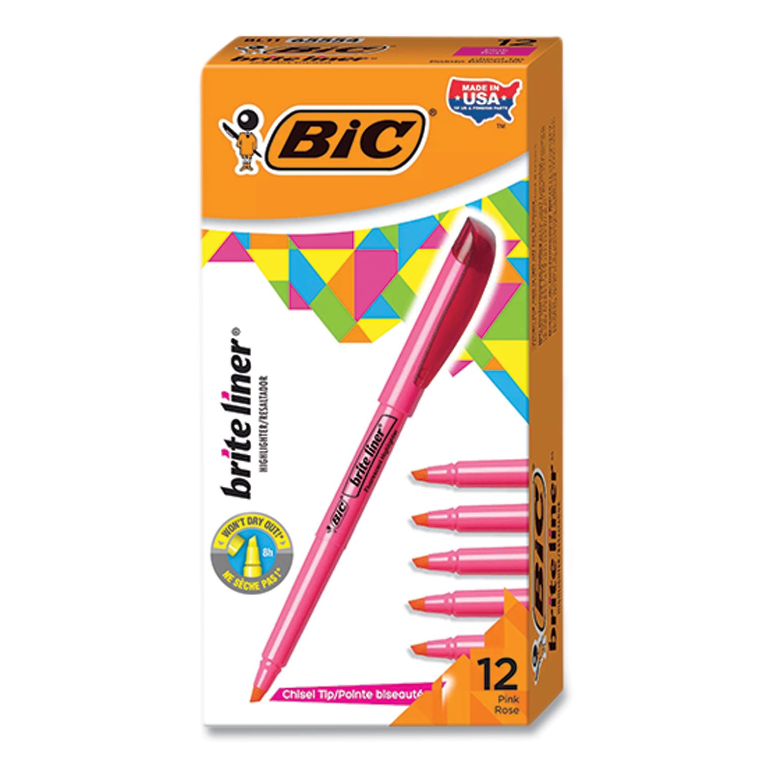 BIC® Brite Liner Highlighter, Fluorescent Pink Ink, Chisel Tip, Pink/black Barrel, Dozen