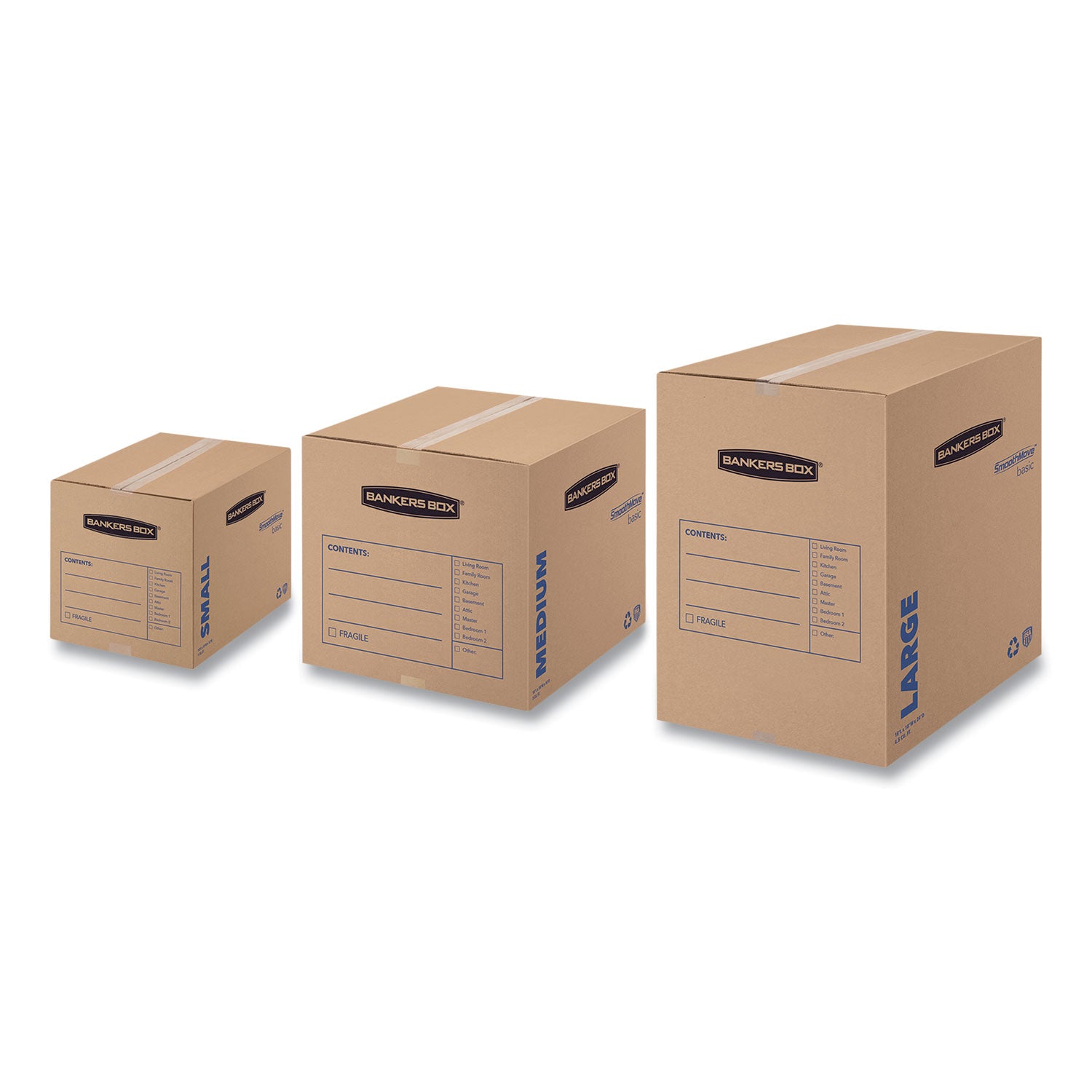 Bankers Box® SmoothMove Basic Moving Boxes, Regular Slotted Container (RSC), Large, 18" x 18" x 24", Brown/Blue, 15/Carton
