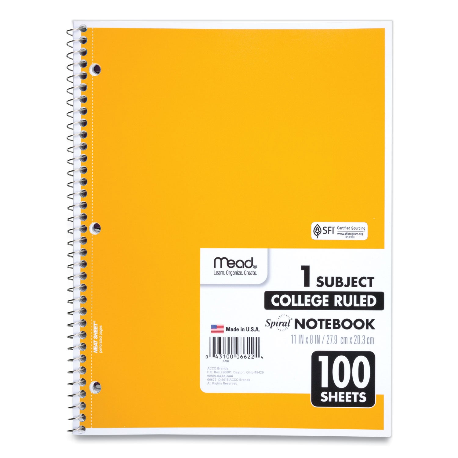 Mead® Spiral Notebook, 3-Hole Punched, 1-Subject, Medium/College Rule, Randomly Assorted Cover Color, (100) 11 x 8 Sheets
