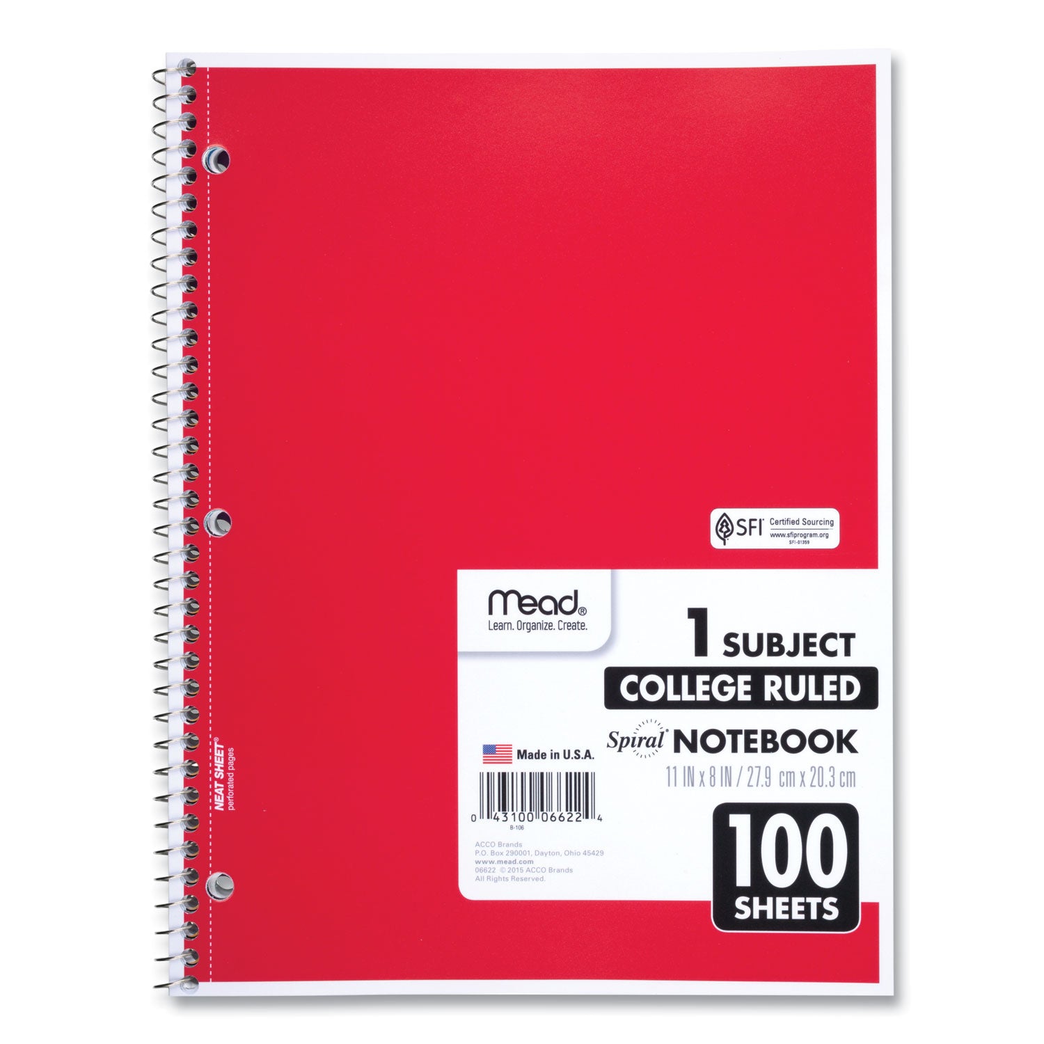 Mead® Spiral Notebook, 3-Hole Punched, 1-Subject, Medium/College Rule, Randomly Assorted Cover Color, (100) 11 x 8 Sheets