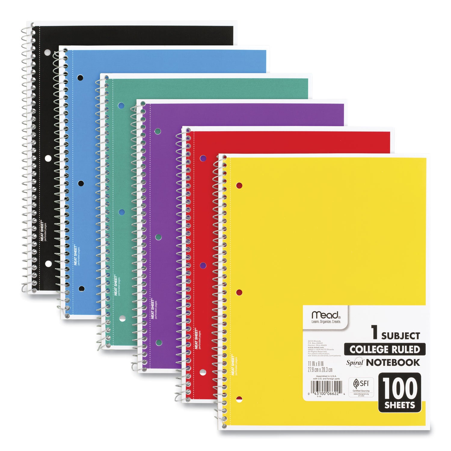 Mead® Spiral Notebook, 3-Hole Punched, 1-Subject, Medium/College Rule, Randomly Assorted Cover Color, (100) 11 x 8 Sheets