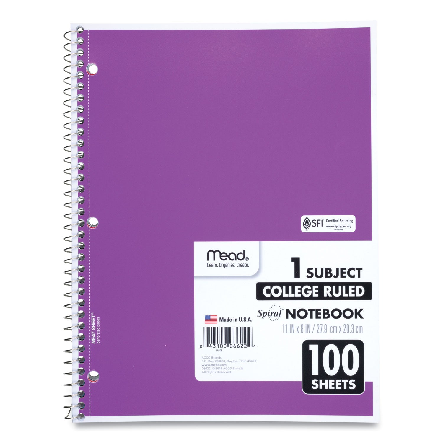 Mead® Spiral Notebook, 3-Hole Punched, 1-Subject, Medium/College Rule, Randomly Assorted Cover Color, (100) 11 x 8 Sheets