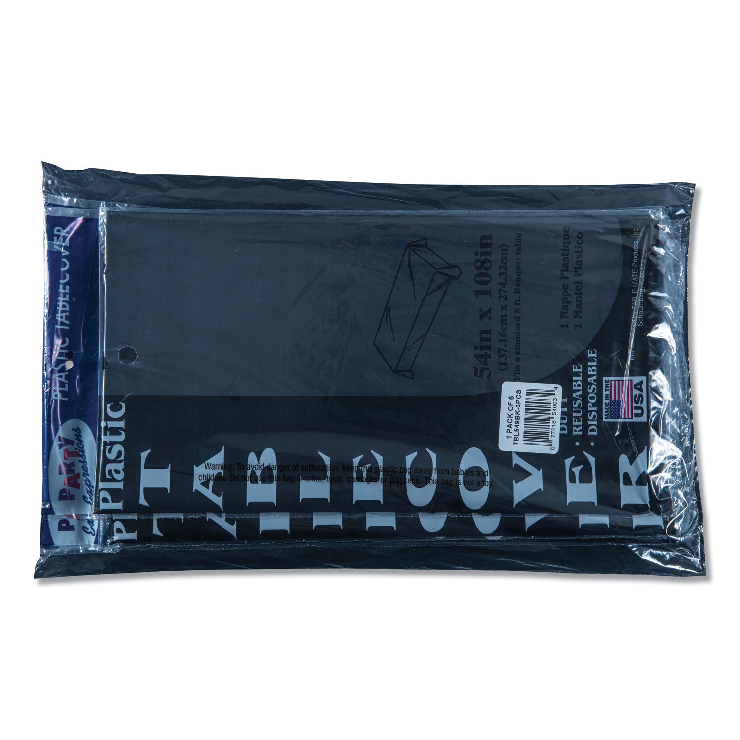 Tablemate® Table Set Rectangular Table Covers, Heavyweight Plastic, 54" X 108", Black, 6/pack