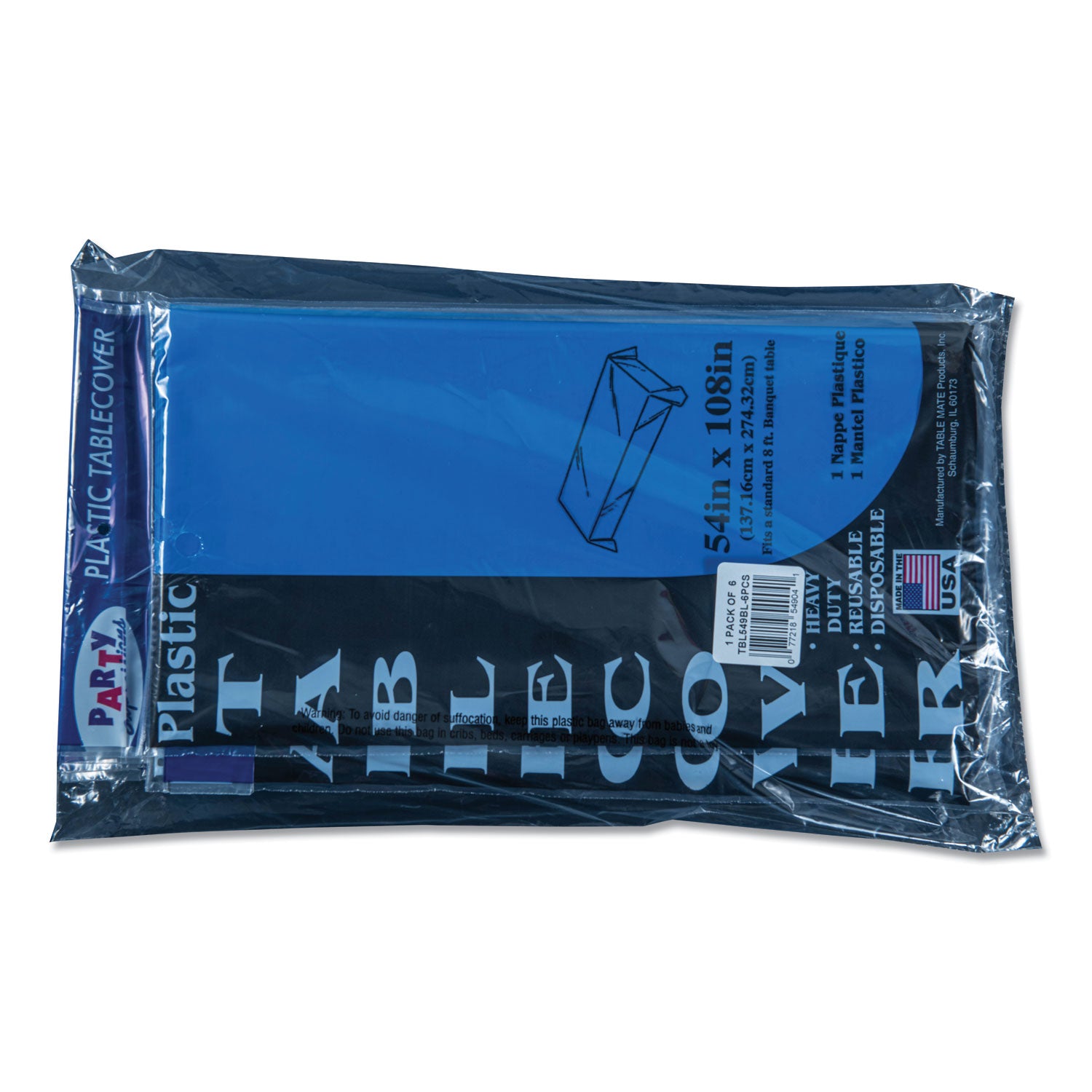 Tablemate® Table Set Rectangular Table Cover, Heavyweight Plastic, 54" X 108", Blue, 6/pack