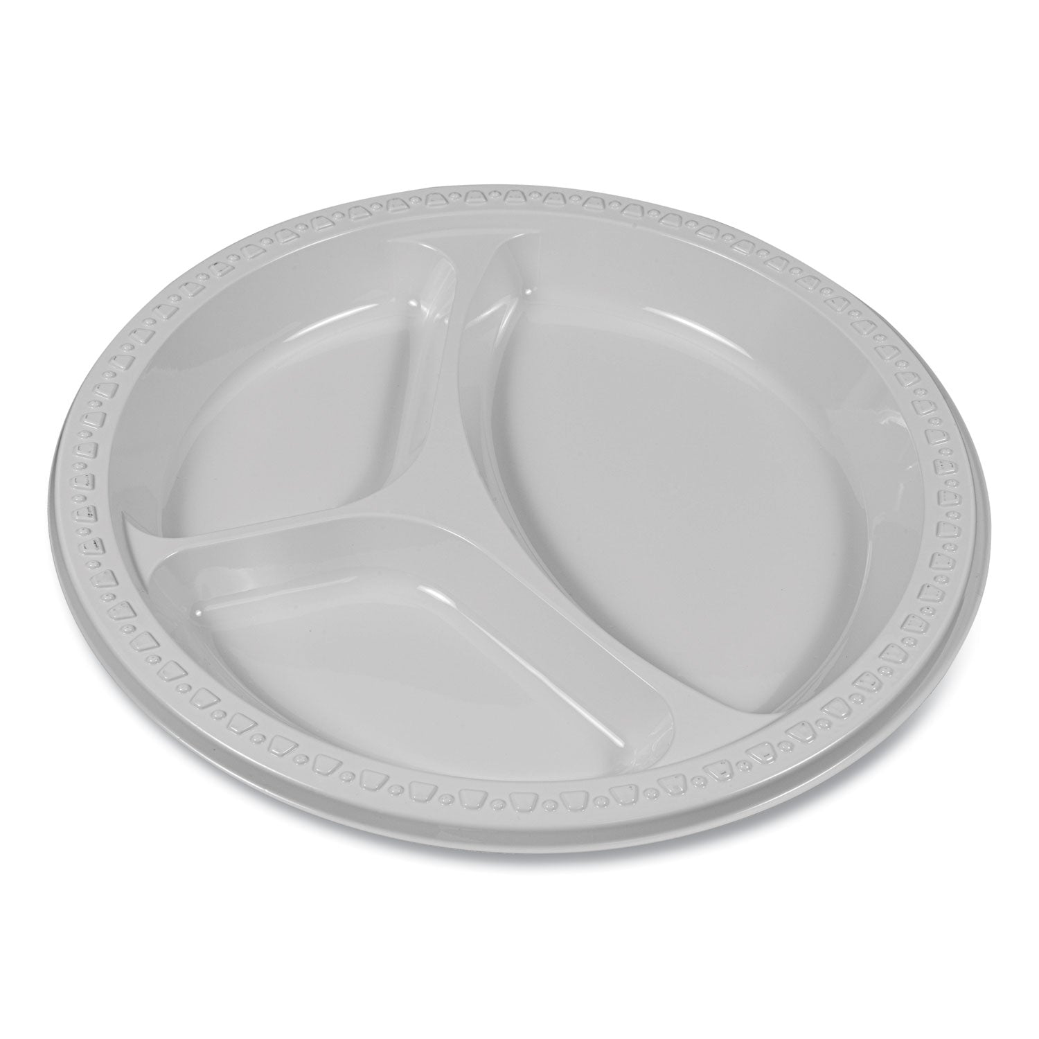 Tablemate® Plastic Dinnerware, 3-Compartment Plates, 9" dia, White, 125/Pack