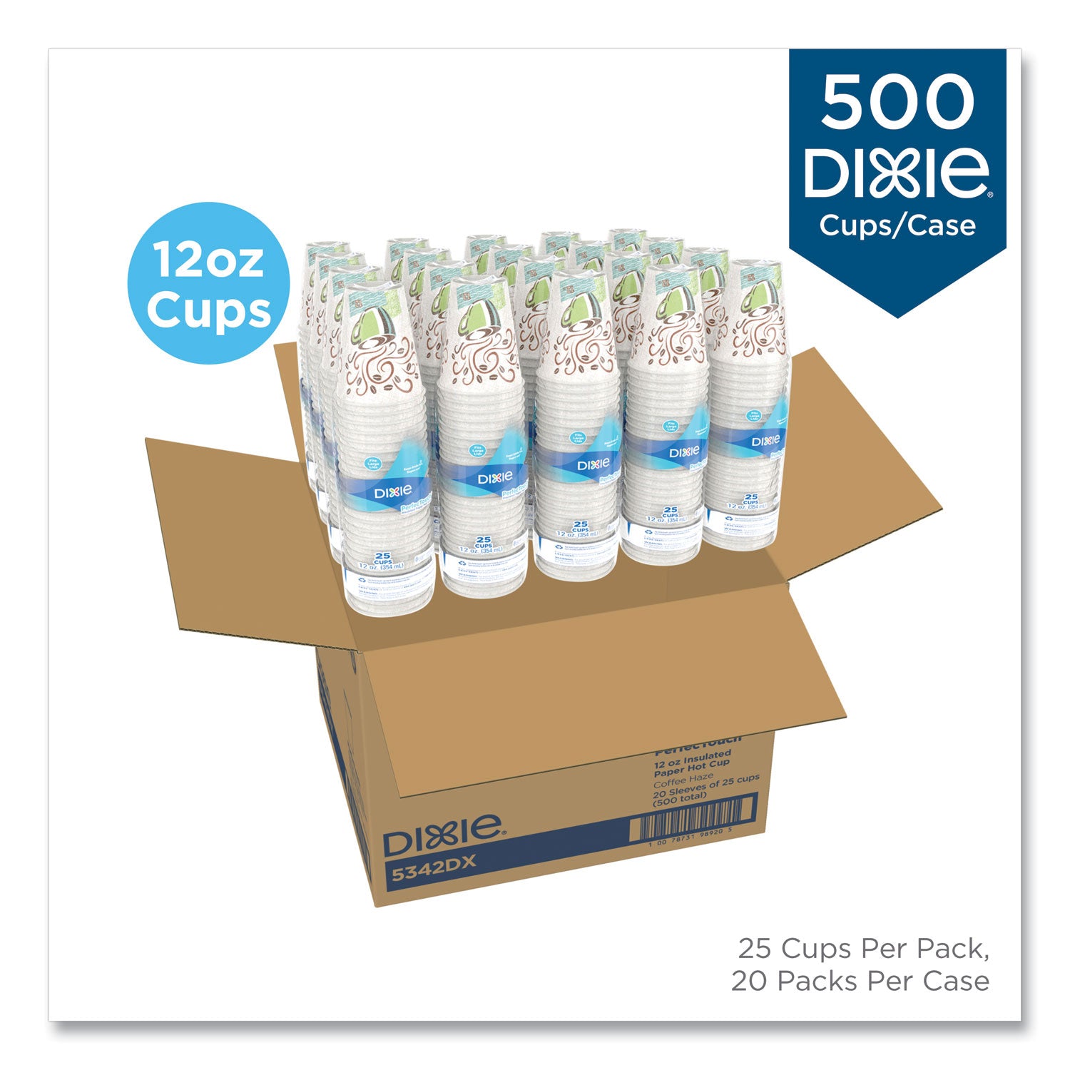 Dixie® PerfecTouch Paper Hot Cups, 12 oz, Coffee Haze Design, 25/Sleeve, 20 Sleeves/Carton