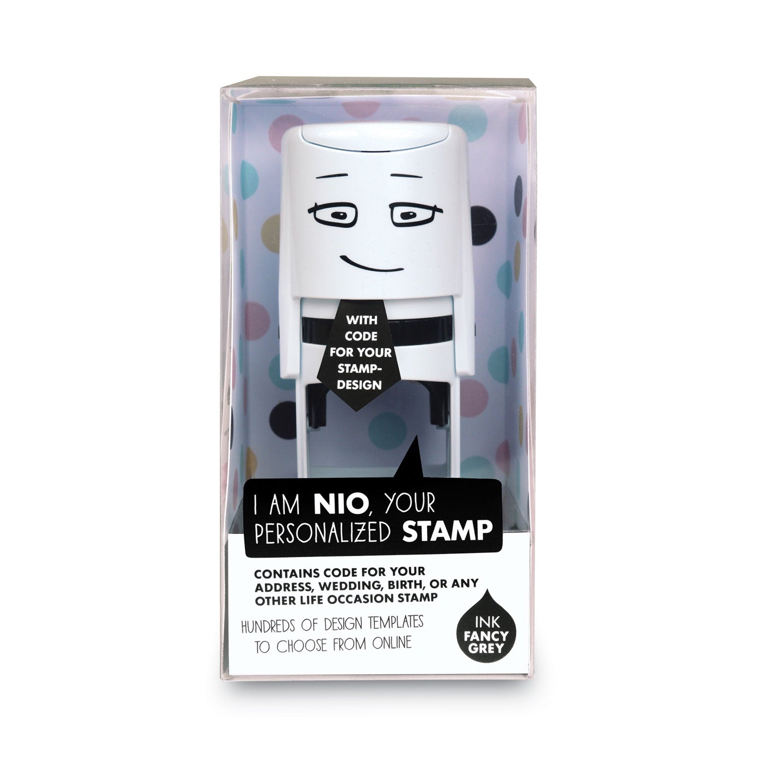 NIO® Stamp With Voucher And Fancy Gray Ink Pad, Self-Inking, 1.56" Diameter