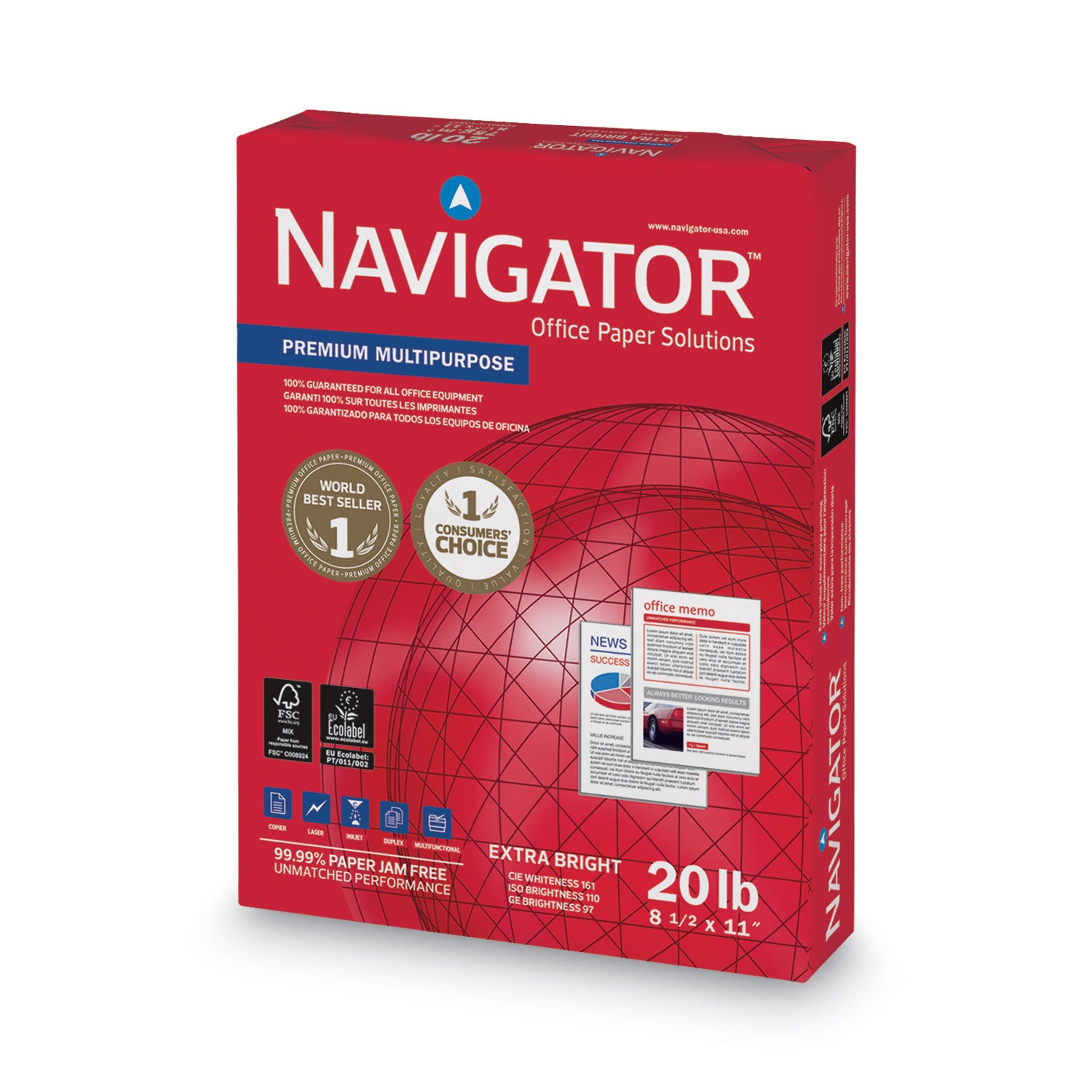 Navigator® Premium Multipurpose Copy Paper, 97 Bright, 20 lb Bond Weight, 8.5 x 11, White, 500 Sheets/Ream, 10 Reams/Carton