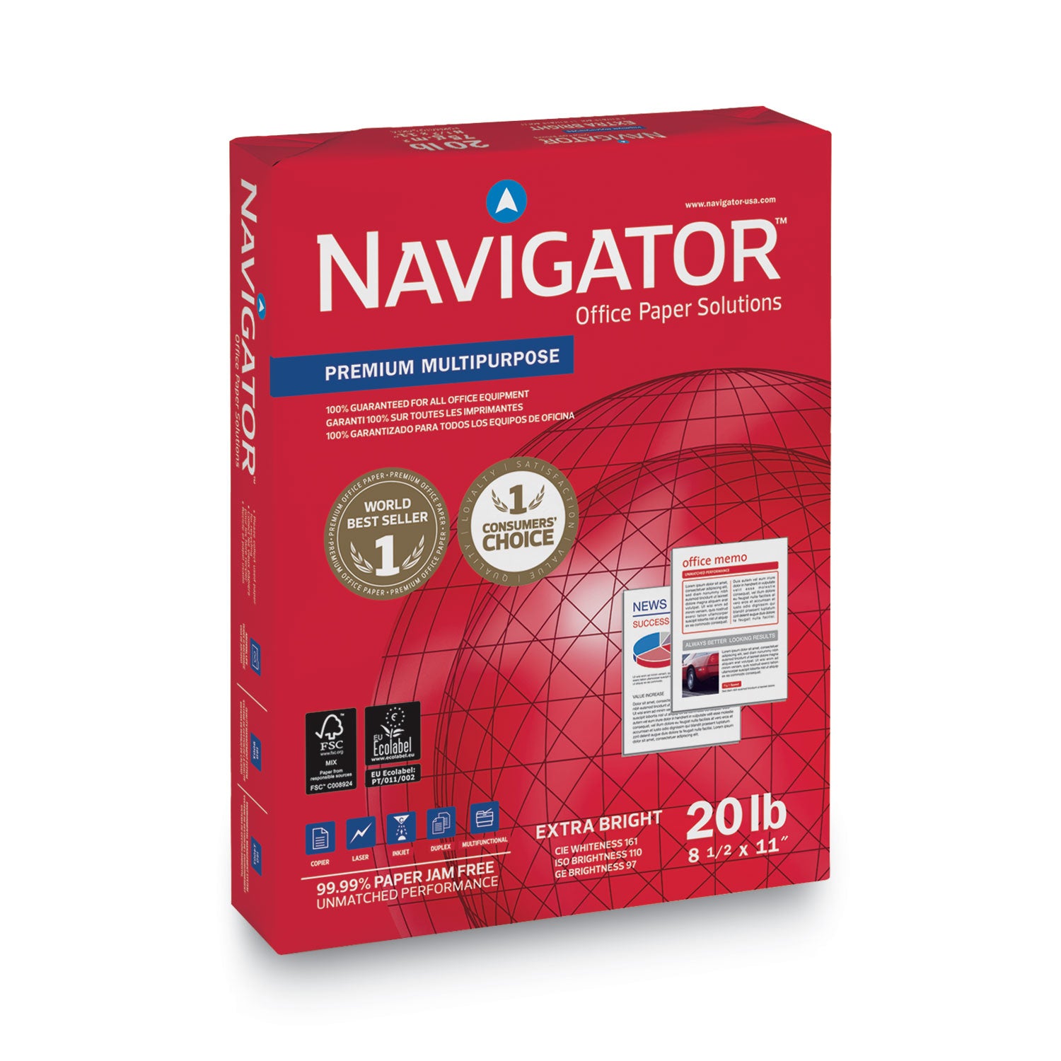 Navigator® Premium Multipurpose Copy Paper, 97 Bright, 20 lb Bond Weight, 8.5 x 11, White, 500 Sheets/Ream, 10 Reams/Carton