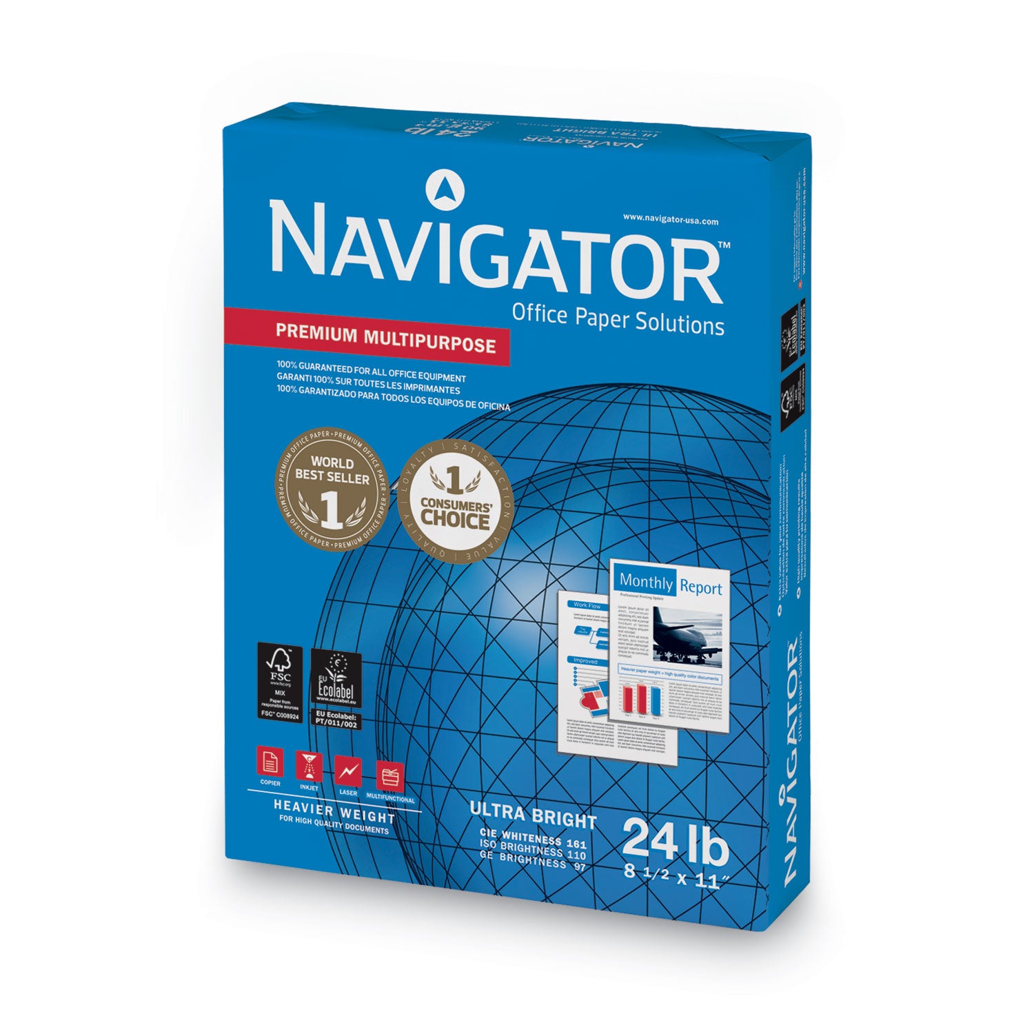 Navigator® Premium Multipurpose Copy Paper, 97 Bright, 24 lb Bond Weight, 8.5 x 11, White, 500 Sheets/Ream, 10 Reams/Carton